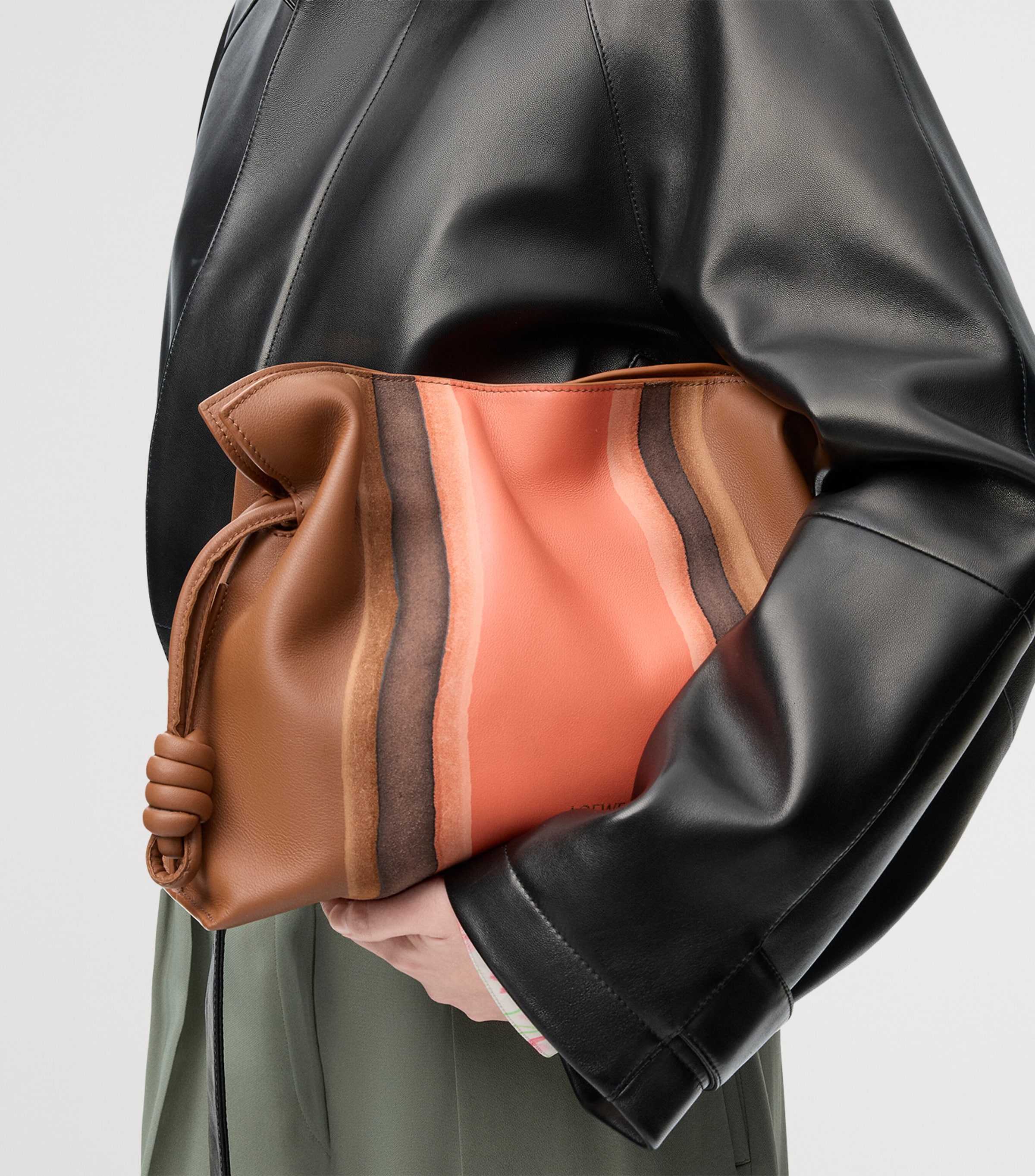 Leather Stripe Flamenco Clutch Bag PECAN PARROT PINK Image 9