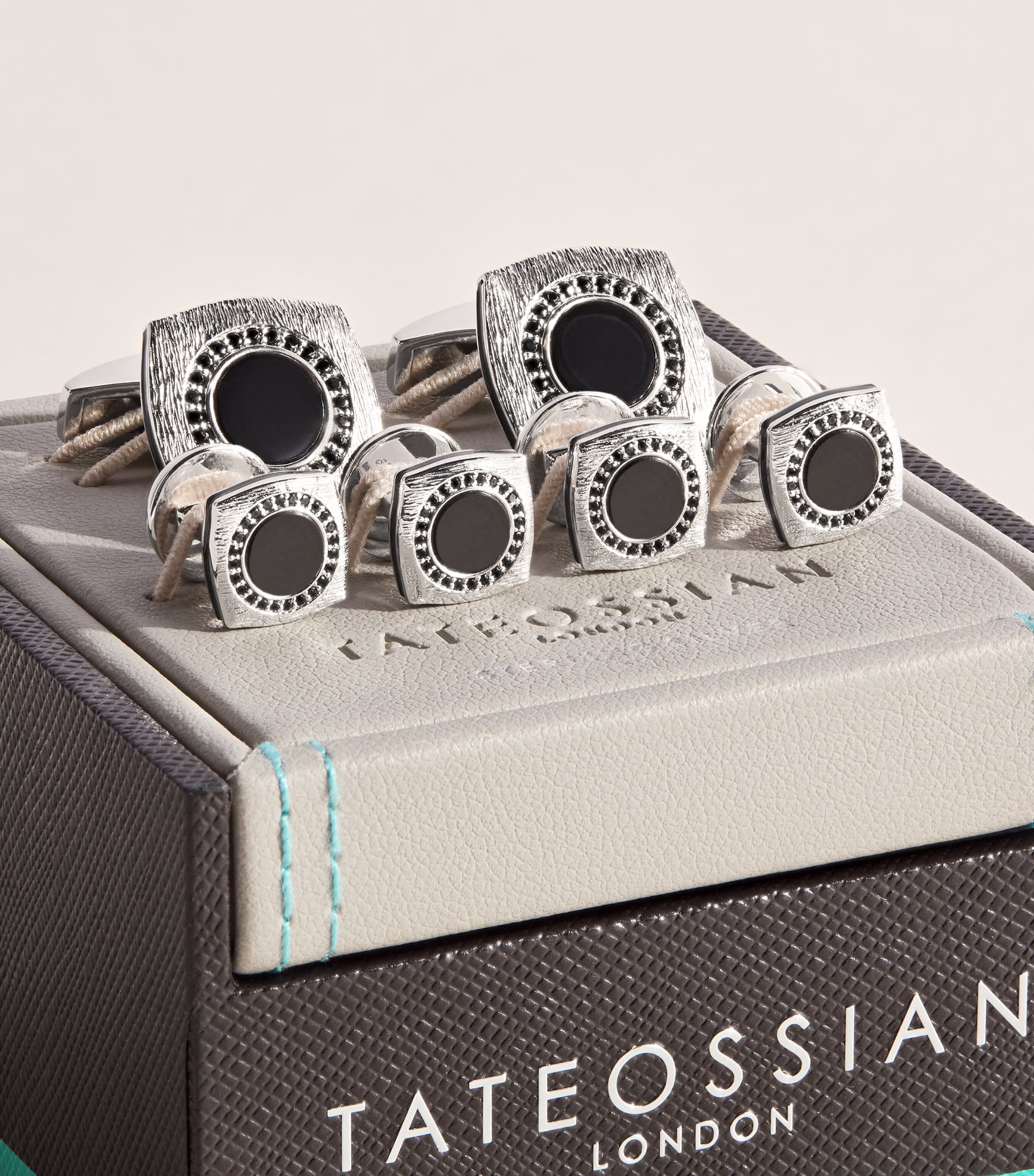 Tateossian Onyx Graffiato Rounded Square Cufflinks and Studs Set Black Image 3