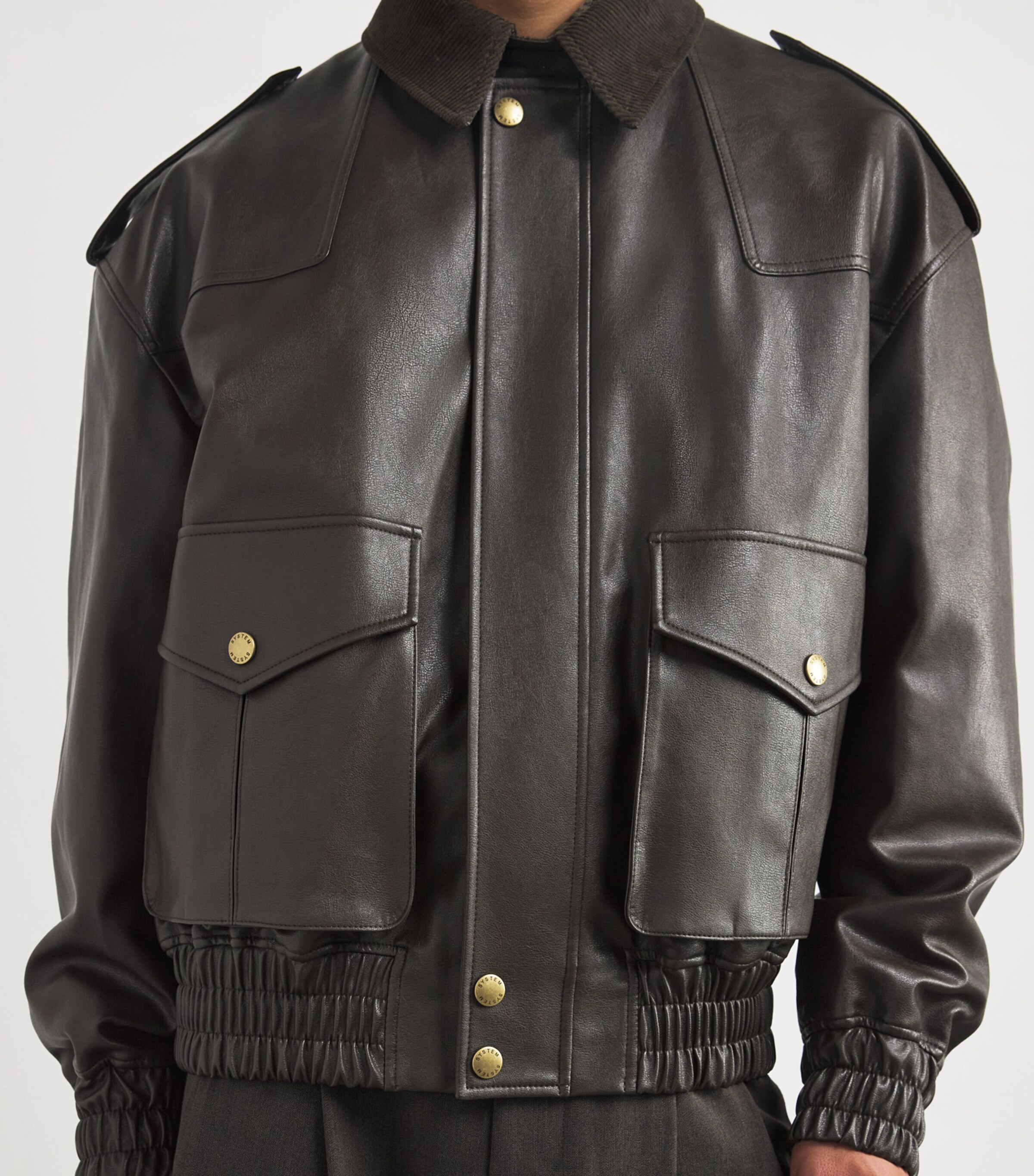 System Mens Faux Leather Bomber Jacket Dark Brown Db Image 6
