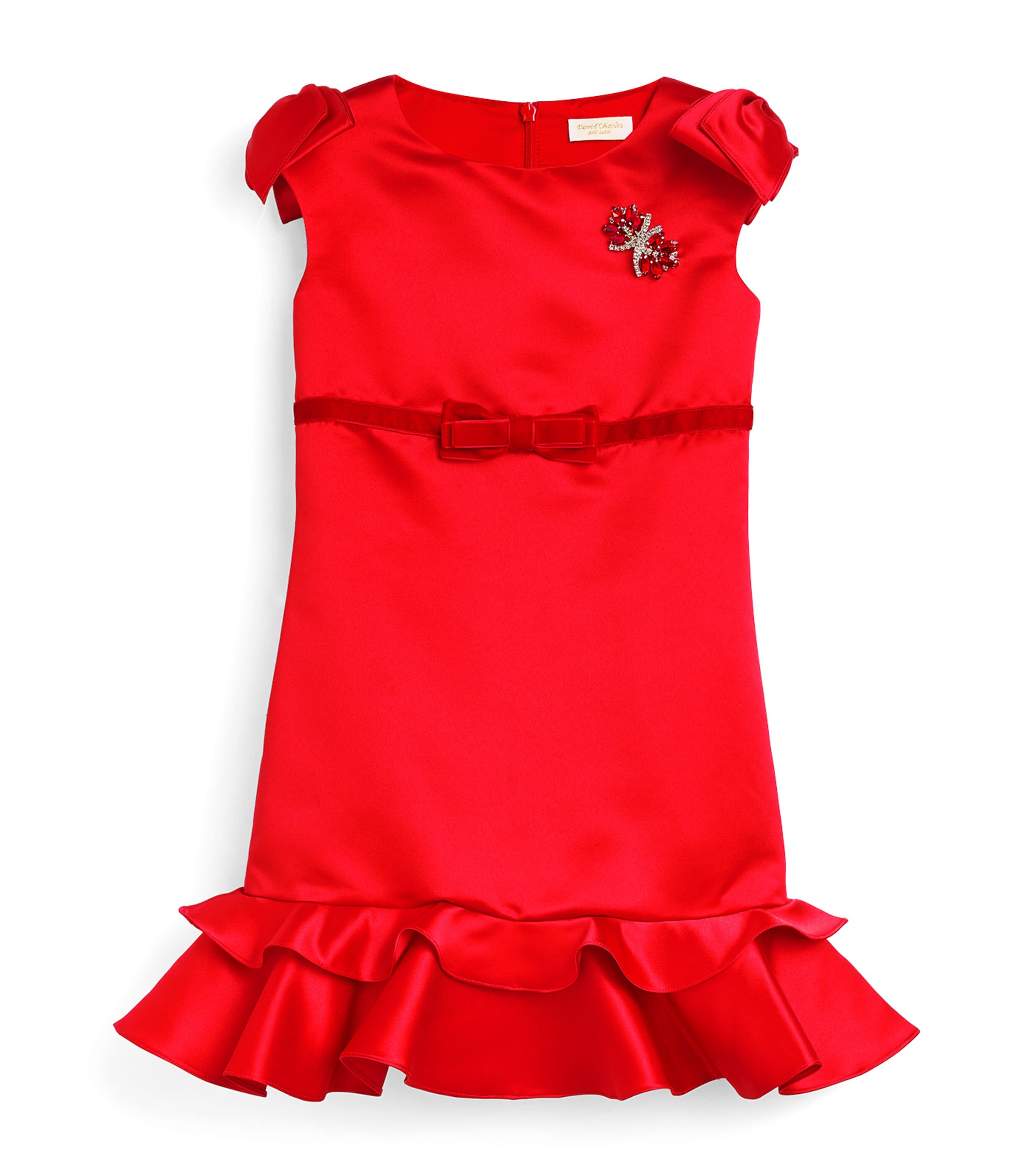 DAVID CHARLES SATIN BROOCH-EMBELLISHED DRESS 