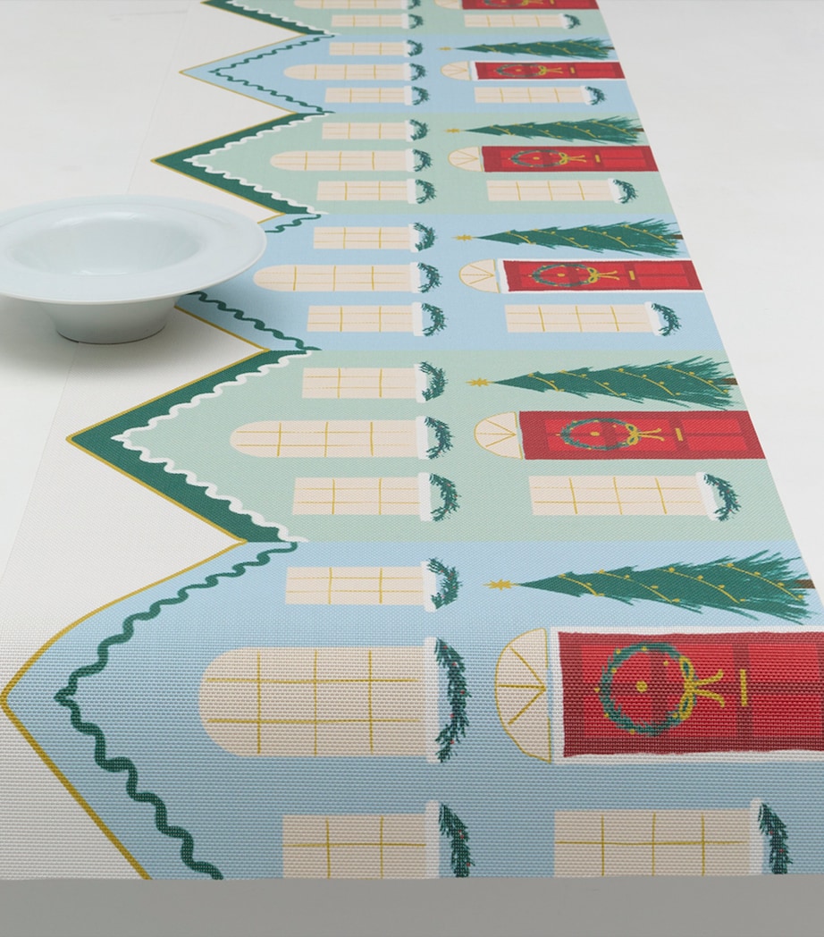 Chilewich x Meri Meri Festive Houses Table Runner BLUE & GREEN Image 1