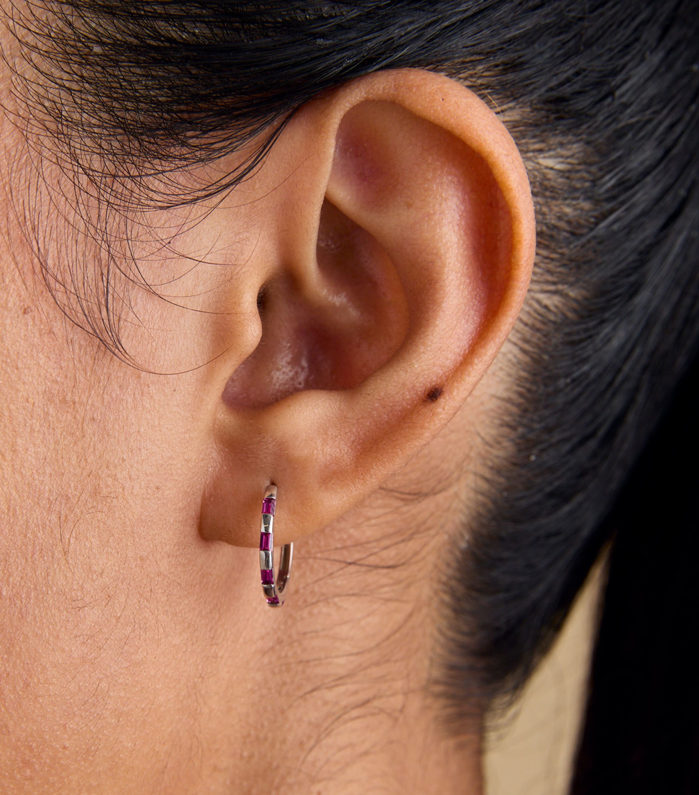 White Gold and Pink Sapphire Baguette Hoop Earrings WHITE GOLD Image 2