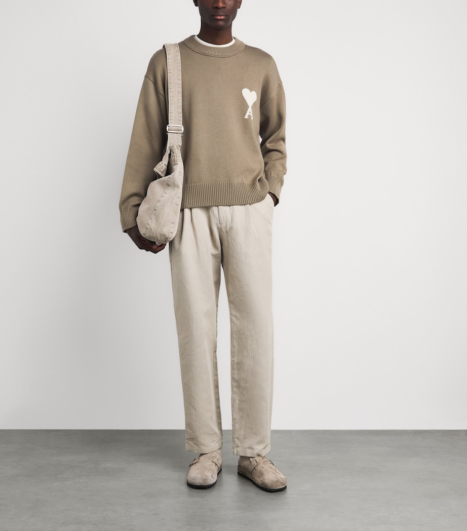 AMI Paris Mens Wool-Cotton Ami de Coeur Sweater Bge Taupe/ecru Image 2