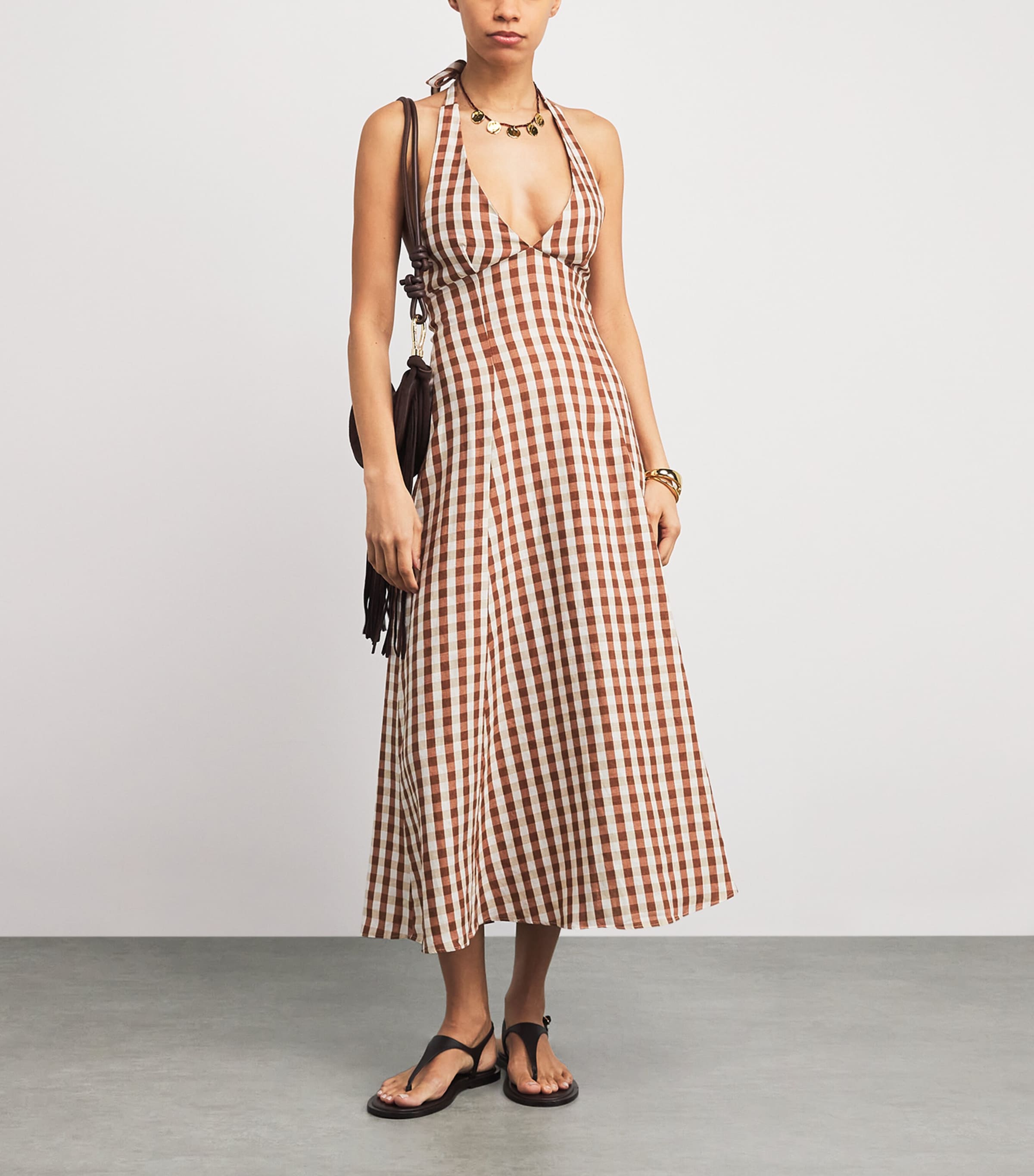Linen Halterneck Marais Midi Dress GINGHAM CEDAR Image 2