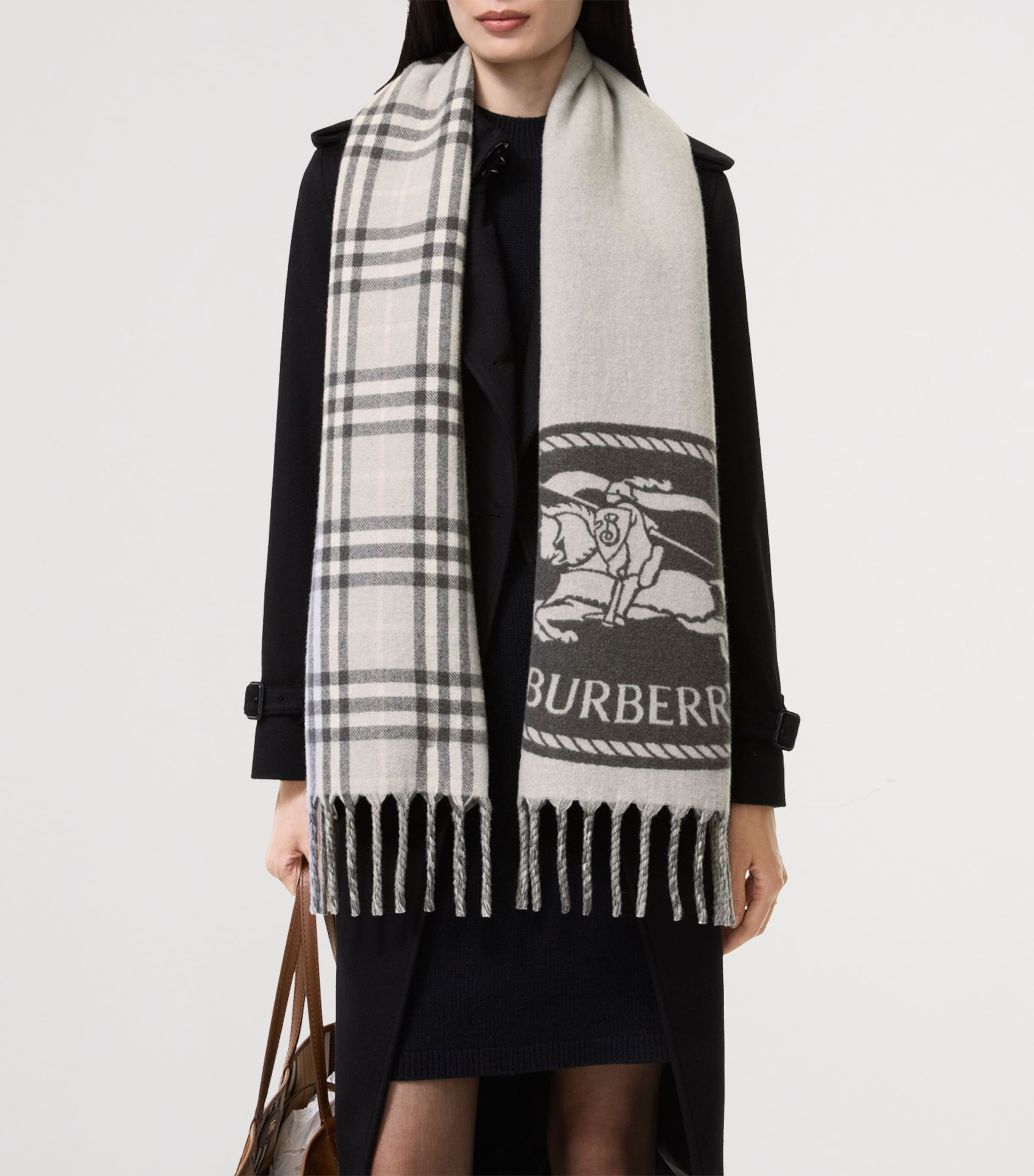 Burberry Cashmere Reversible Knight Stamp Scarf Mitten Grey Image 3