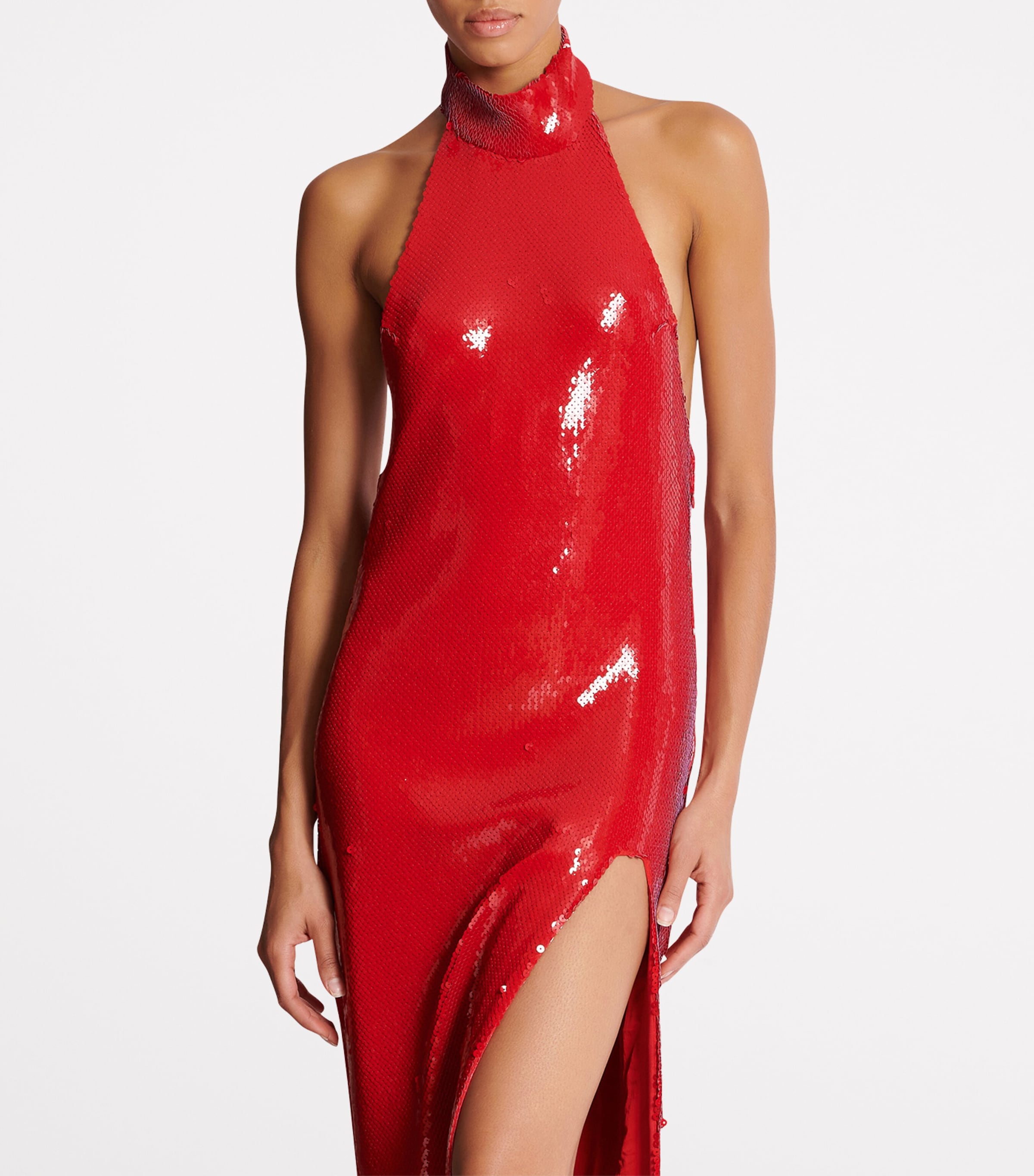 Balmain Womens Sequinned Halterneck Maxi Dress Red Image 2
