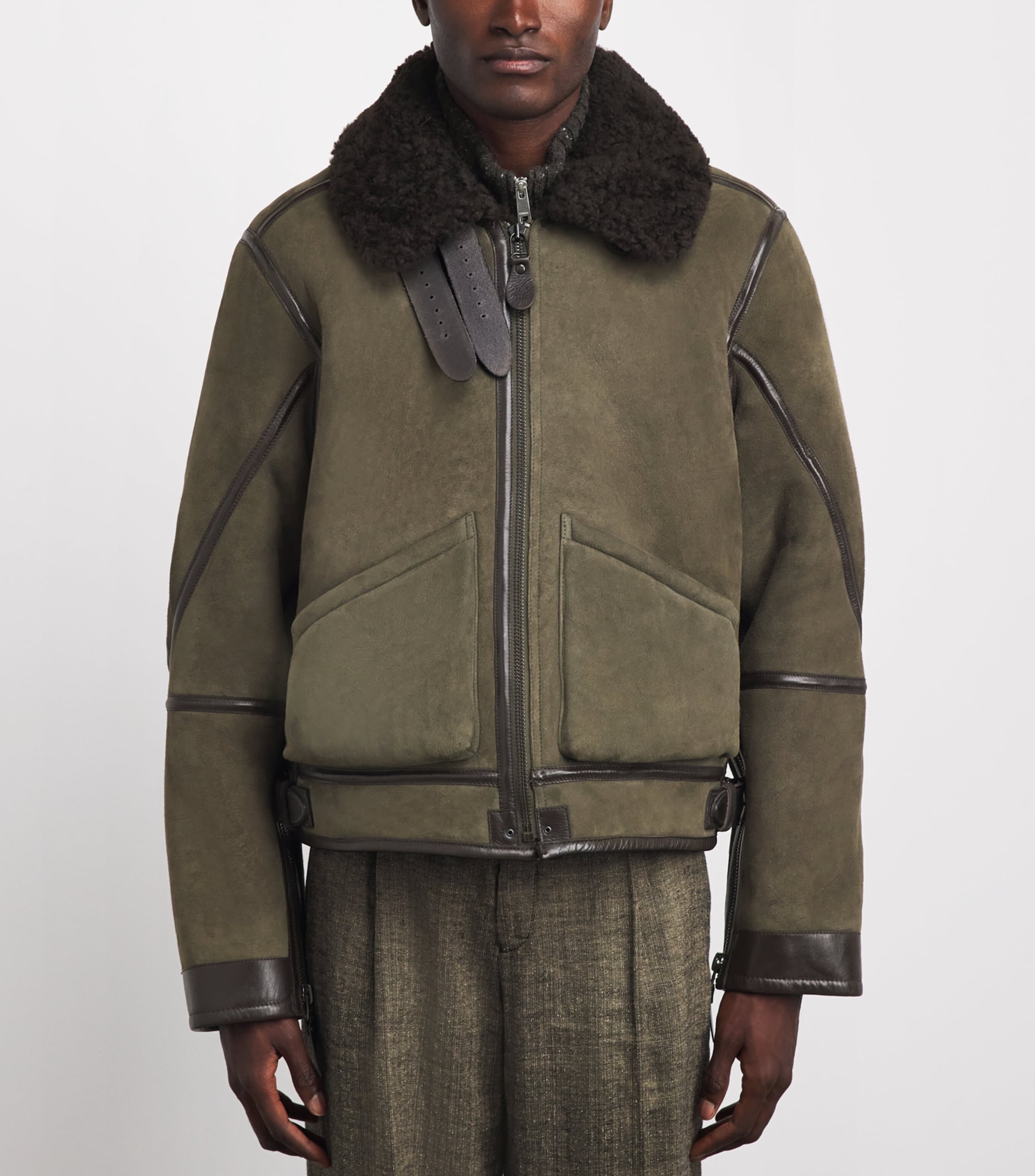 Polo Ralph Lauren Mens Shearling Flight Jacket Myrtle Grn/dark Brn Image 4