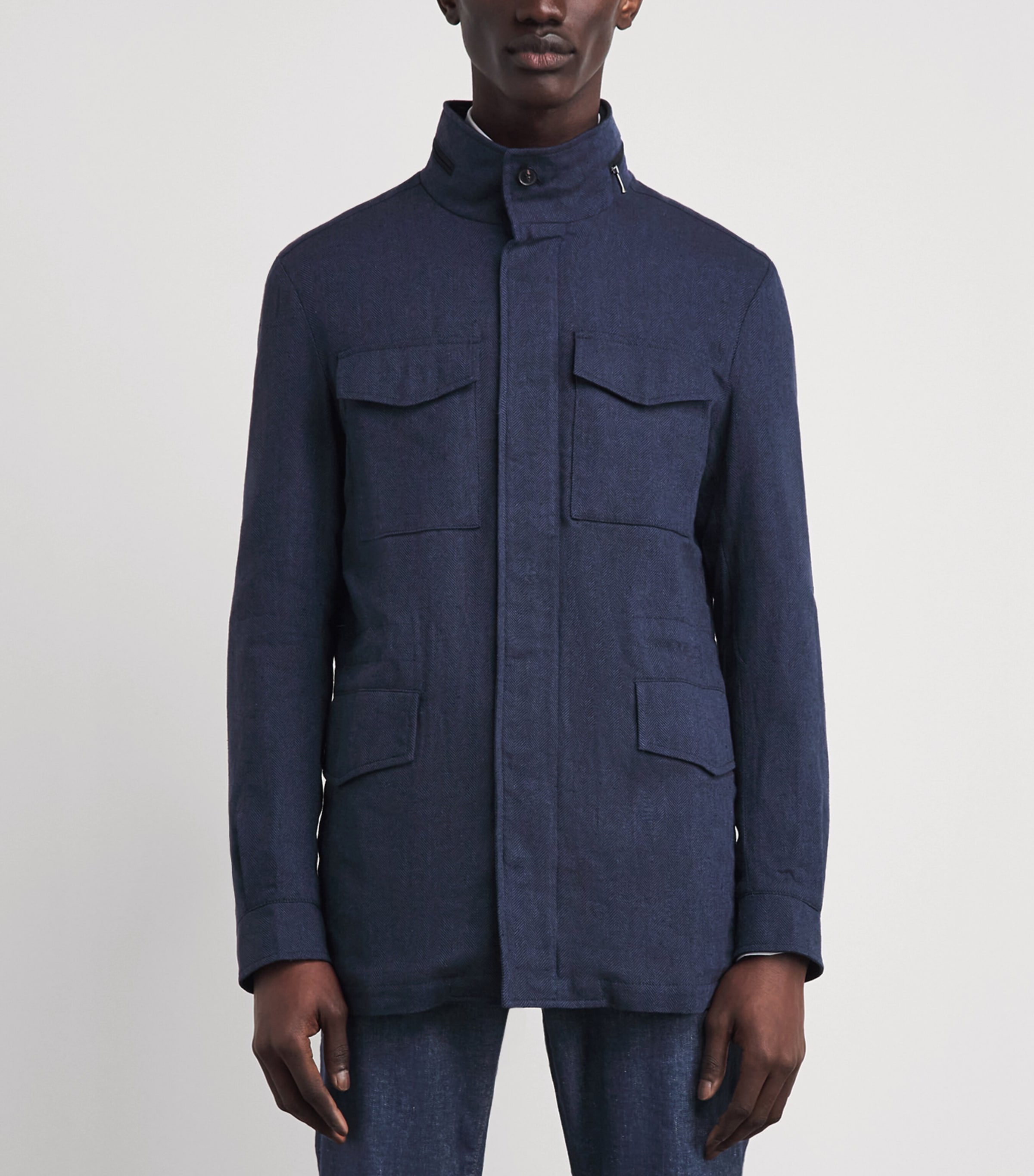 N.Peal Mens Linen-Cotton Hampton Jacket Blue Herringbone Image 4