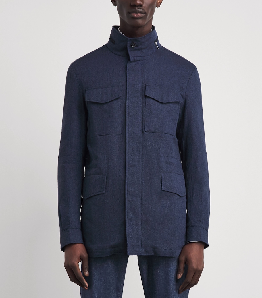 N.Peal Mens Linen-Cotton Hampton Jacket Blue Herringbone Image 4