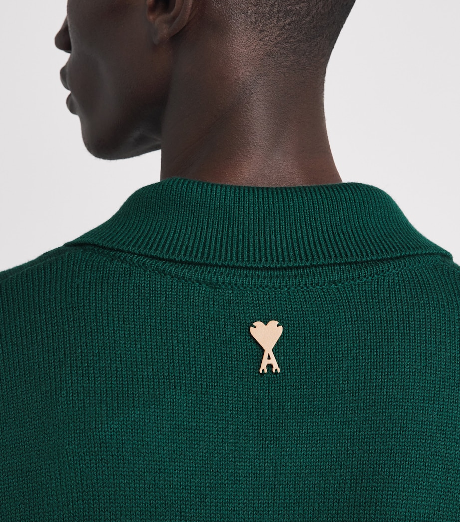 AMI Paris Mens Wool-Cotton Boxy Polo Sweater Vert Sapin Image 3