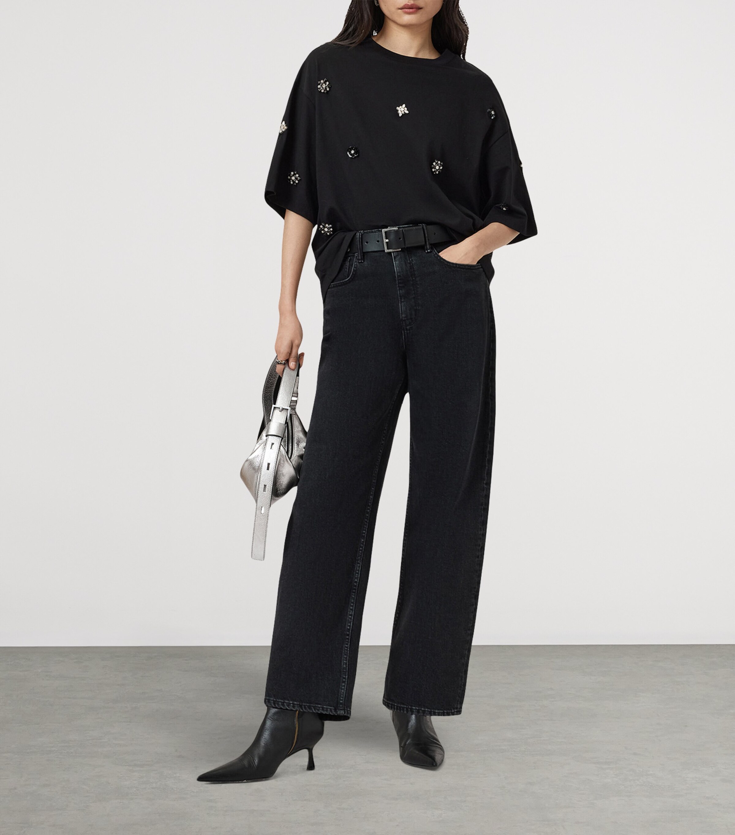 AllSaints Womens Organic Cotton Amelie Embellished T-Shirt Black Image 3