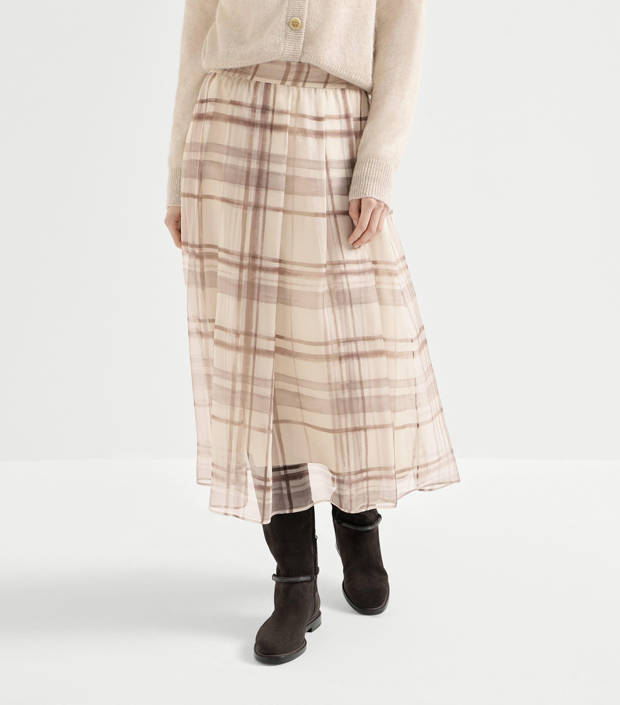 Brunello Cucinelli Womens Silk Check Midi Skirt Image 3