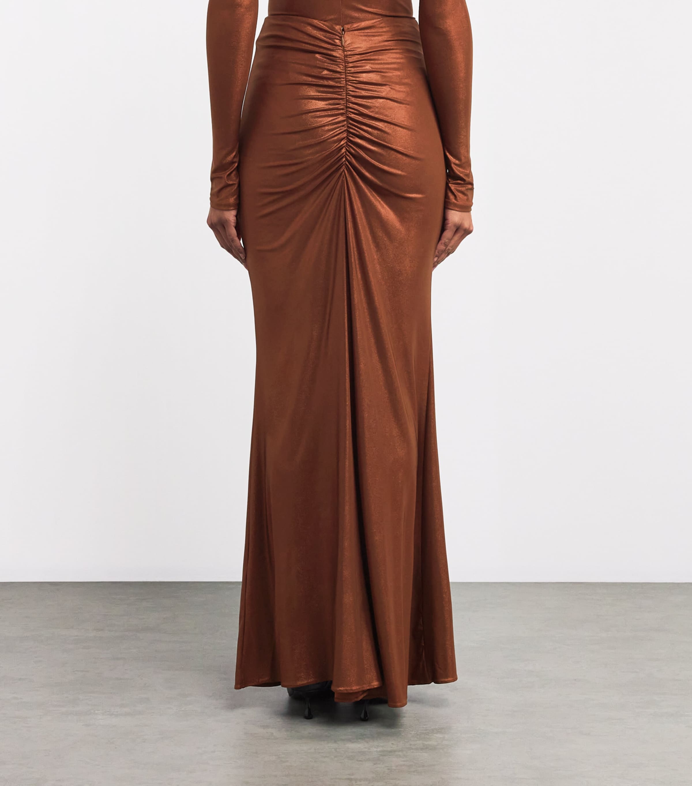 LAPOINTE Womens Coated Jersey Ruched Maxi Skirt Copper Image 4