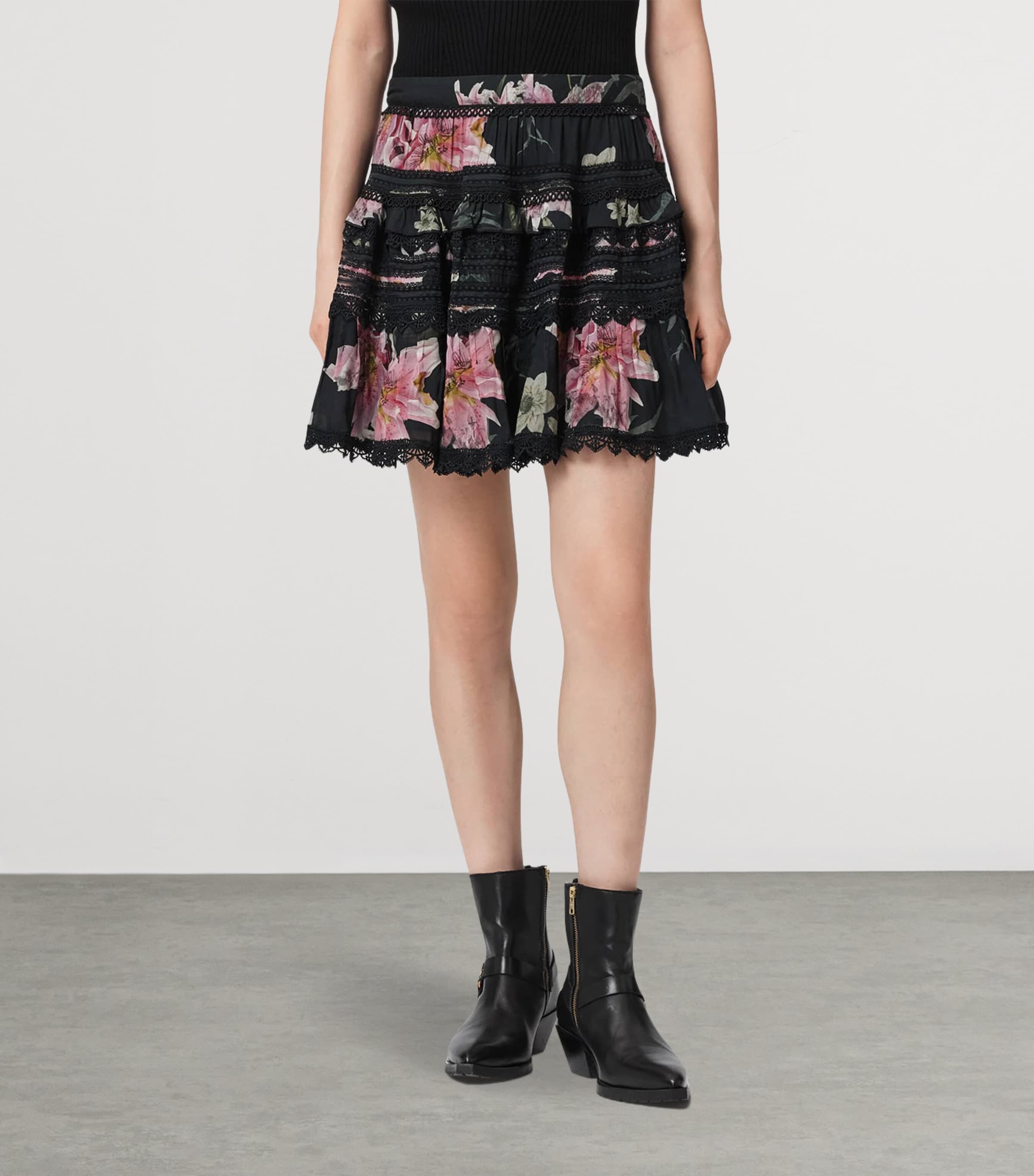 AllSaints Womens Floral Zora Mini Skirt Crystal Black Image 3