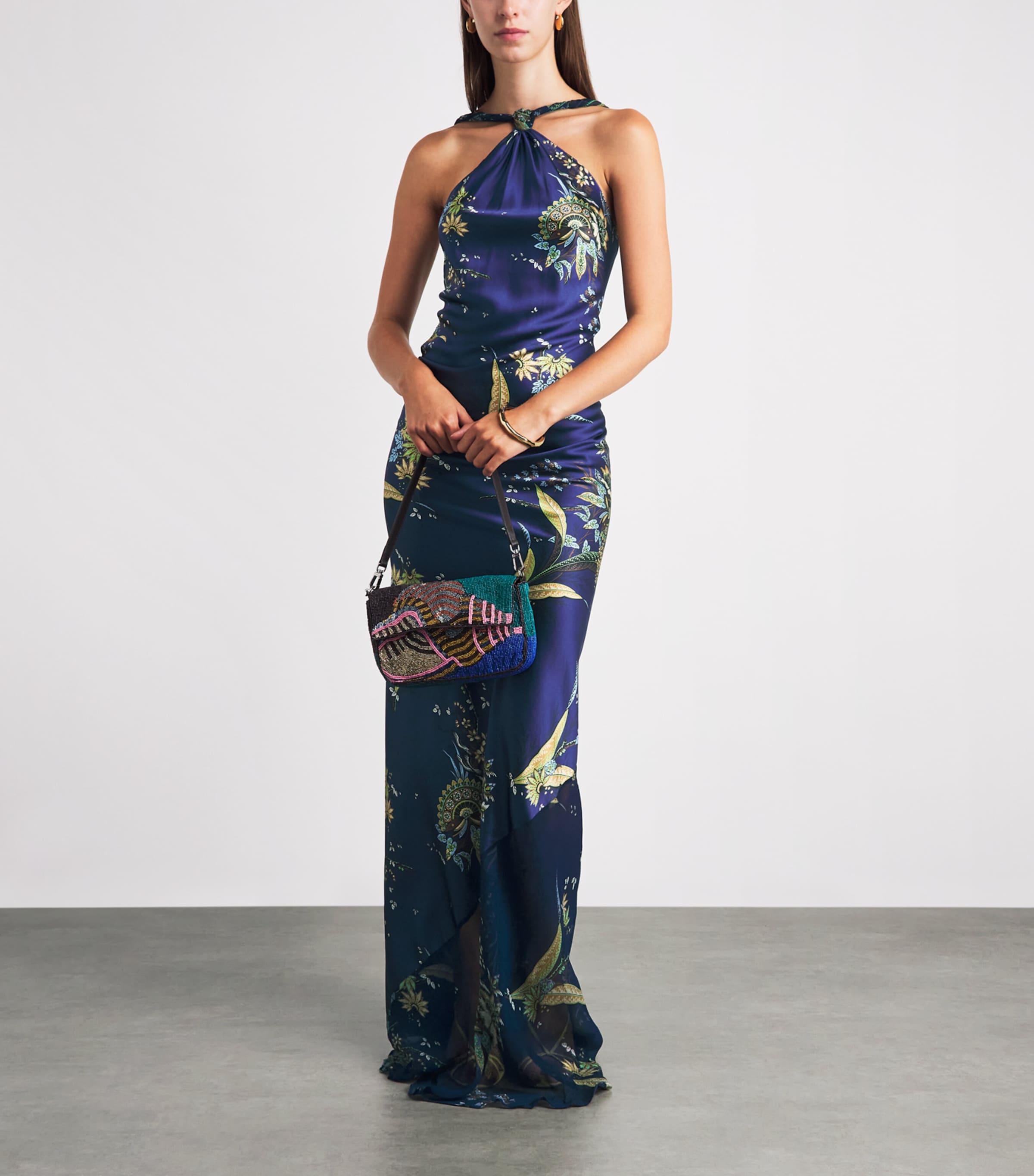 STAUD Womens Silk Charli Halterneck Maxi Dress Tpmd Tapestry Mdnght Image 2