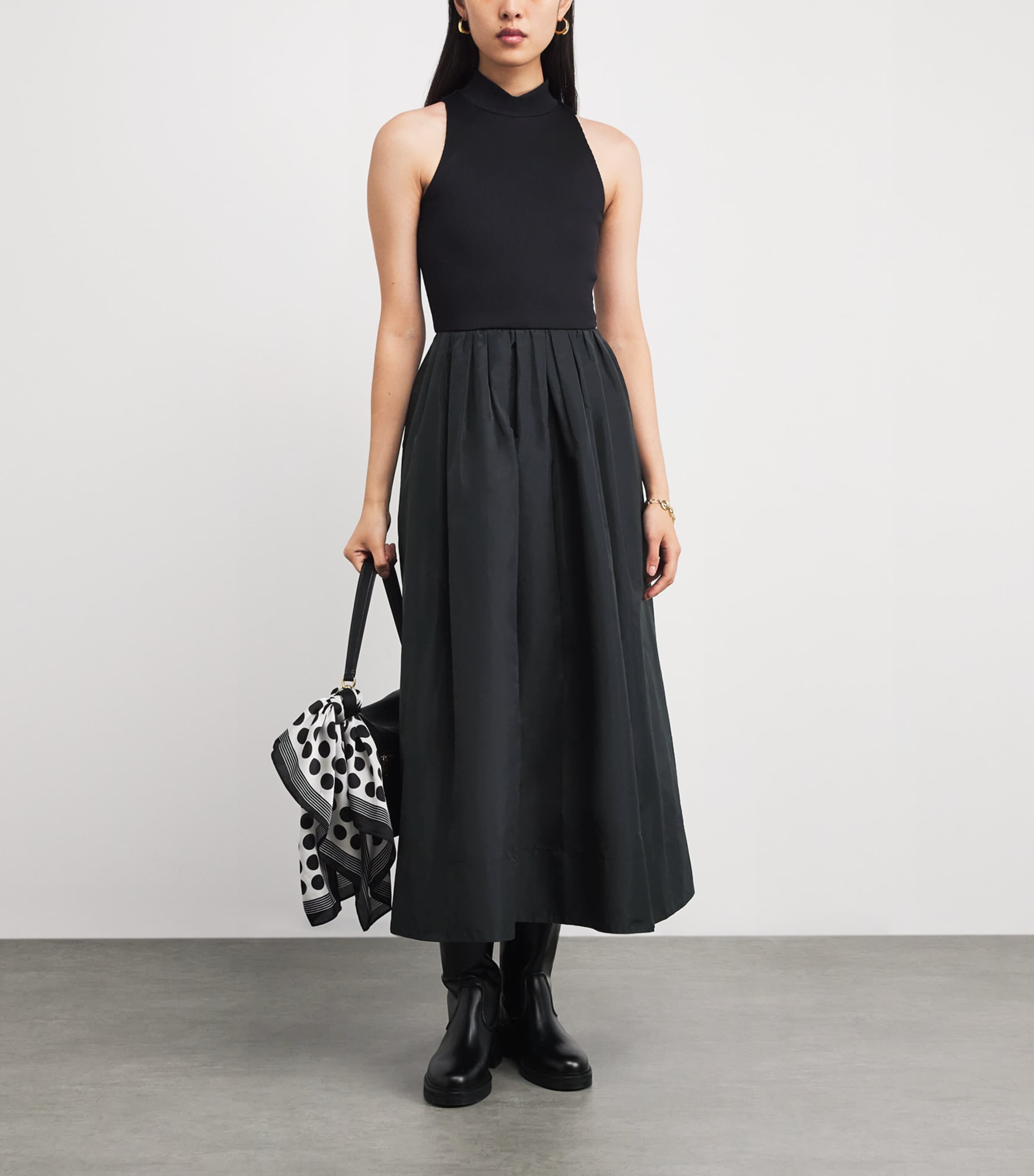 Rib-Knit Taffeta Midi Dress BLACK Image 2