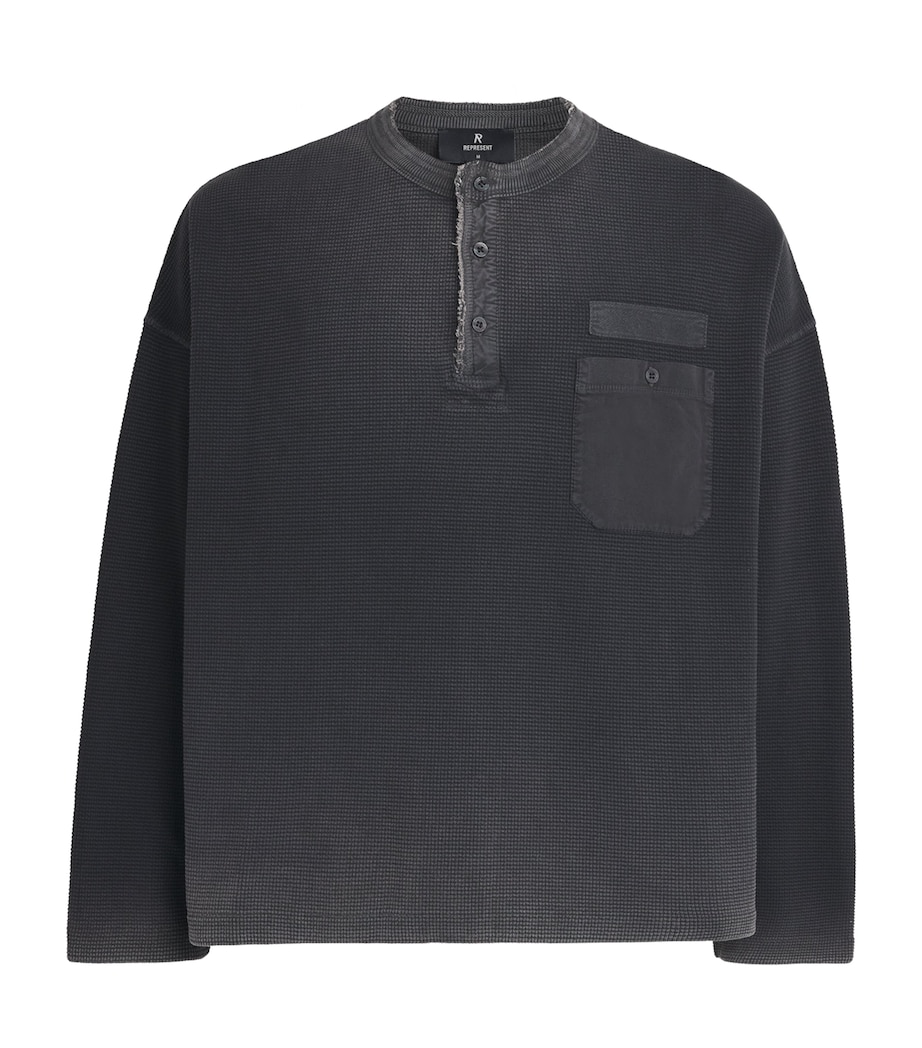 Represent Mens Heavyweight Cotton Henley Top Vintage Black Image 1