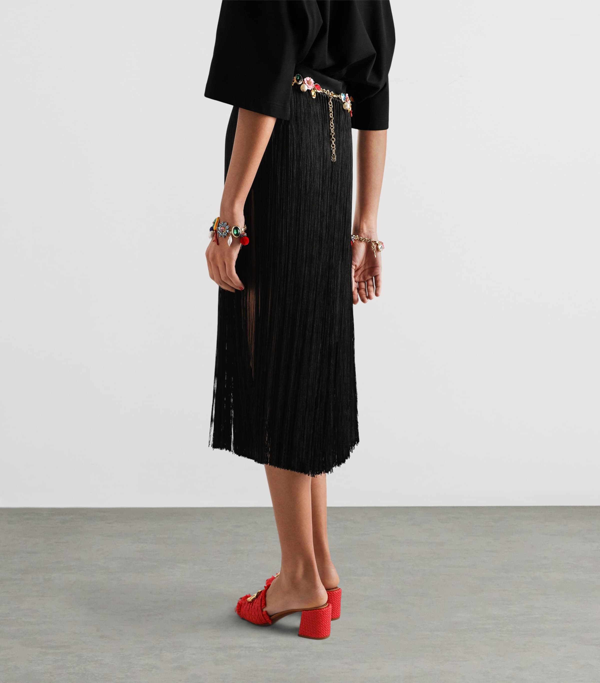 Dolce&Gabbana Womens Satin Fringe Midi Skirt Black Image 5