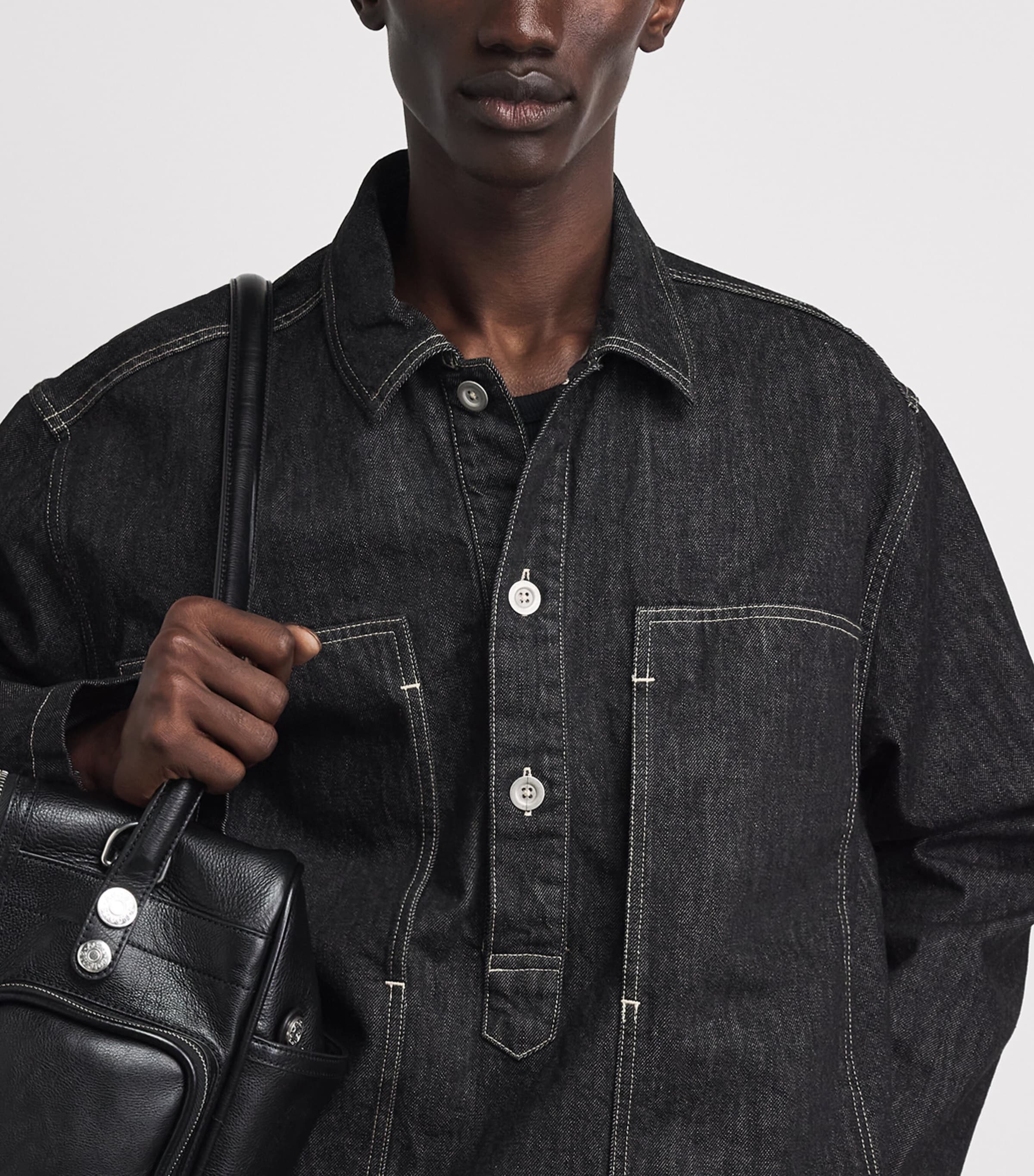 Studio Nicholson Mens Denim Pullover Shirt Black / White Weft Image 3