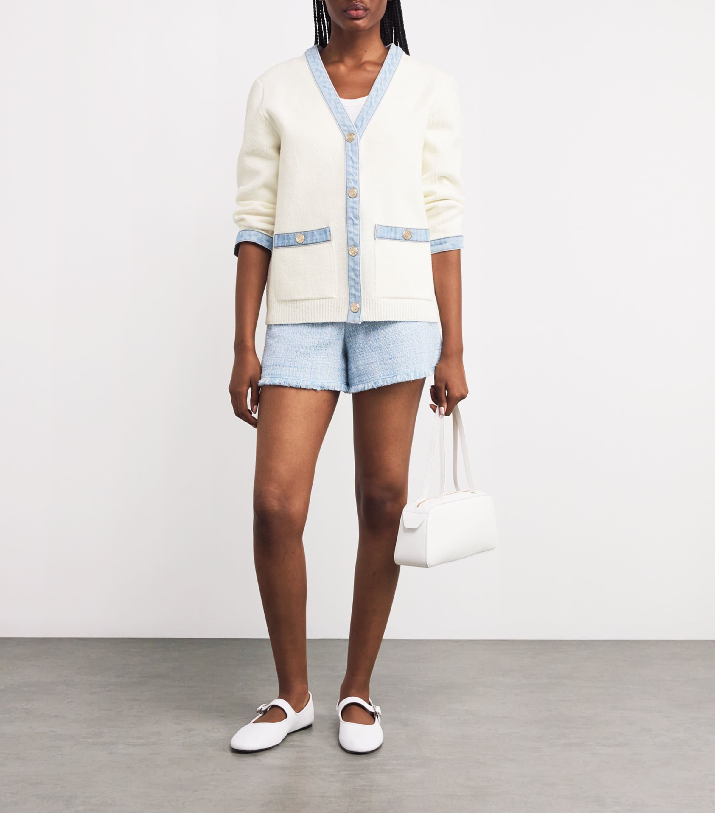 Maje Womens Denim-Trimmed Cardigan Ecru Image 2