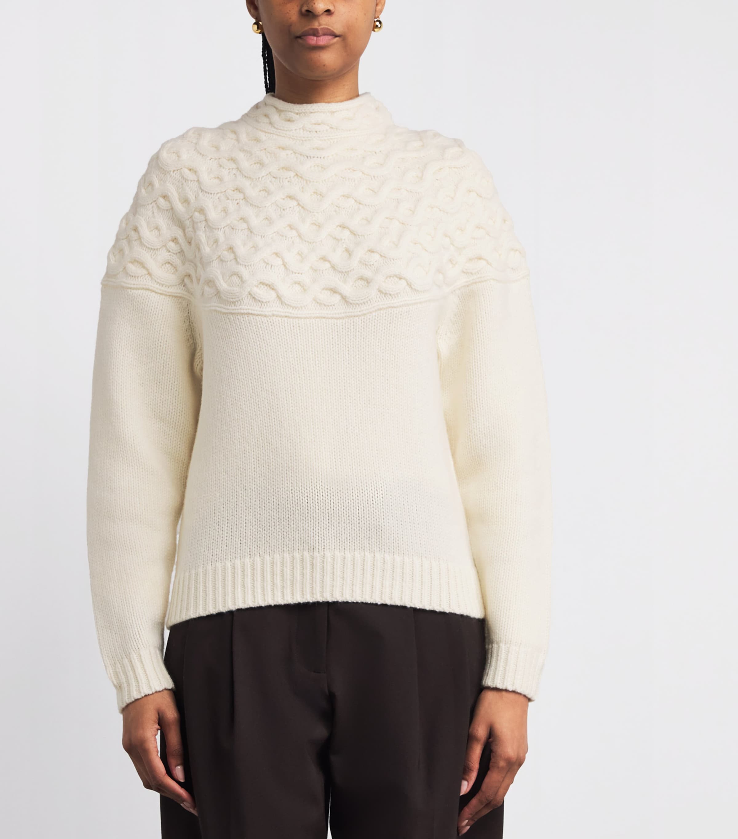 Wool-Cashmere Cable-Knit Sweater C05-IVORY Image 3