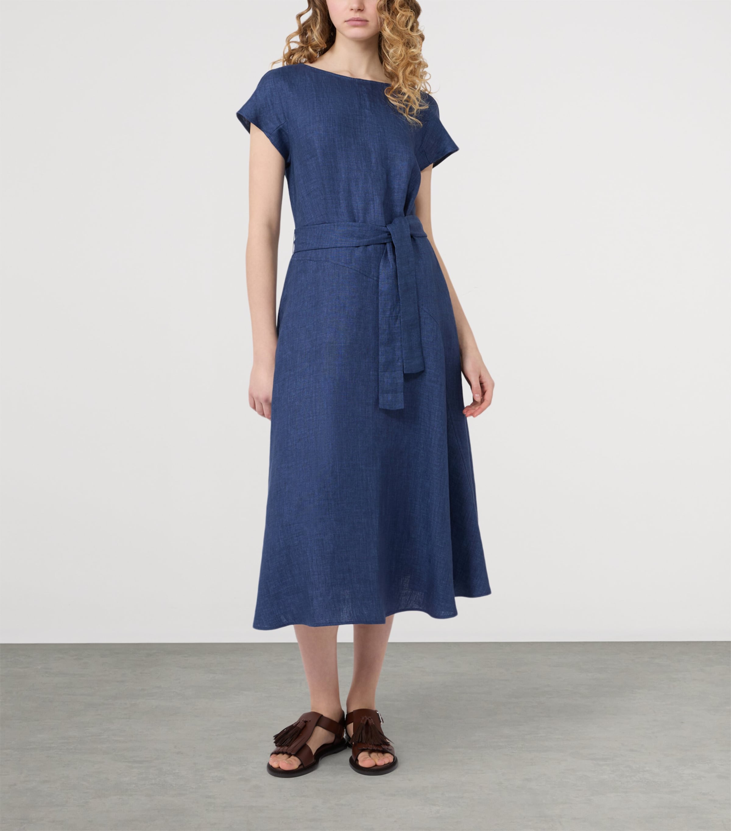 Weekend Max Mara Womens Linen Belted Midi Dress Navy Image 2