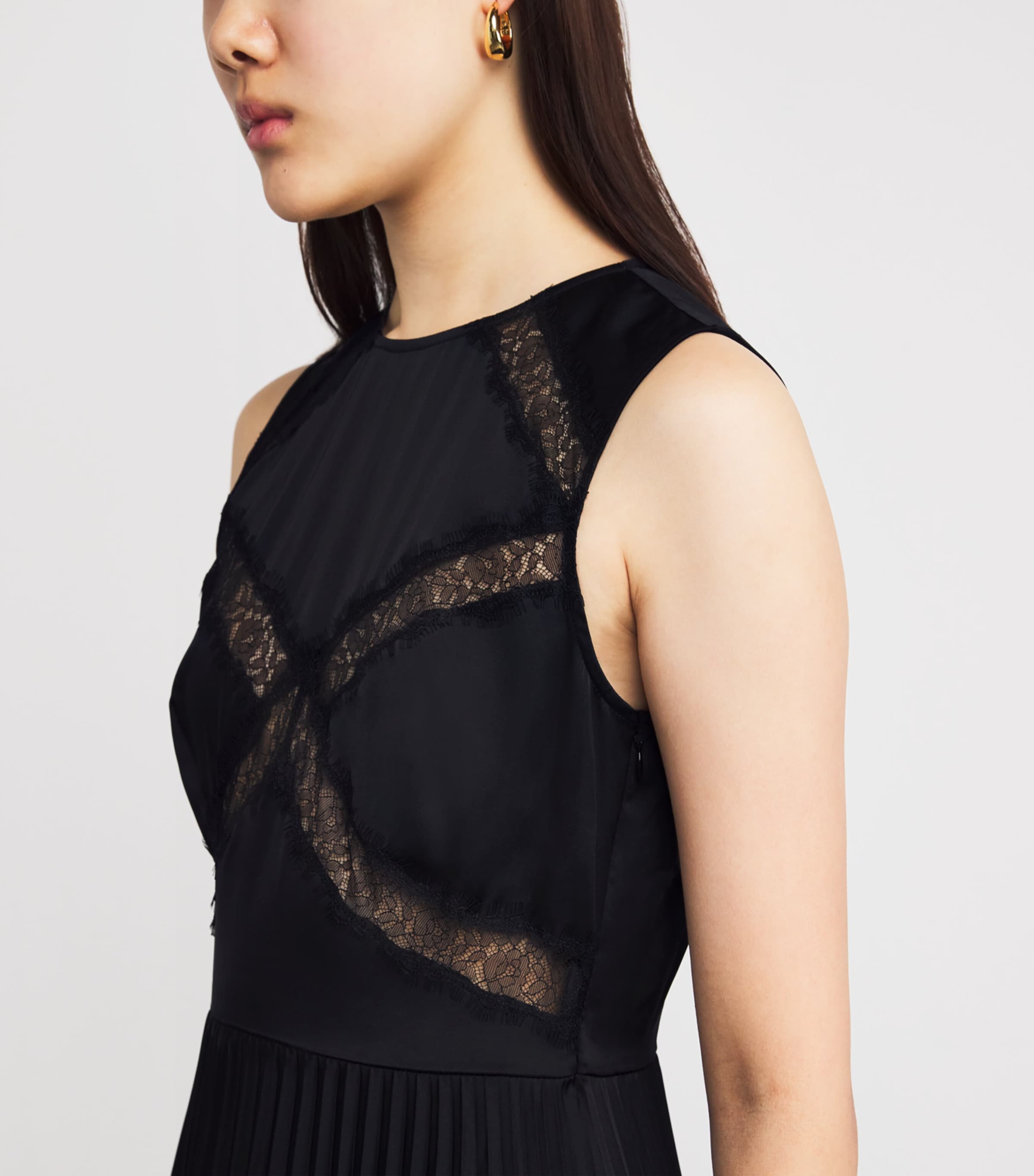 Satin-Lace Pleated Midi Dress BLACK Image 6