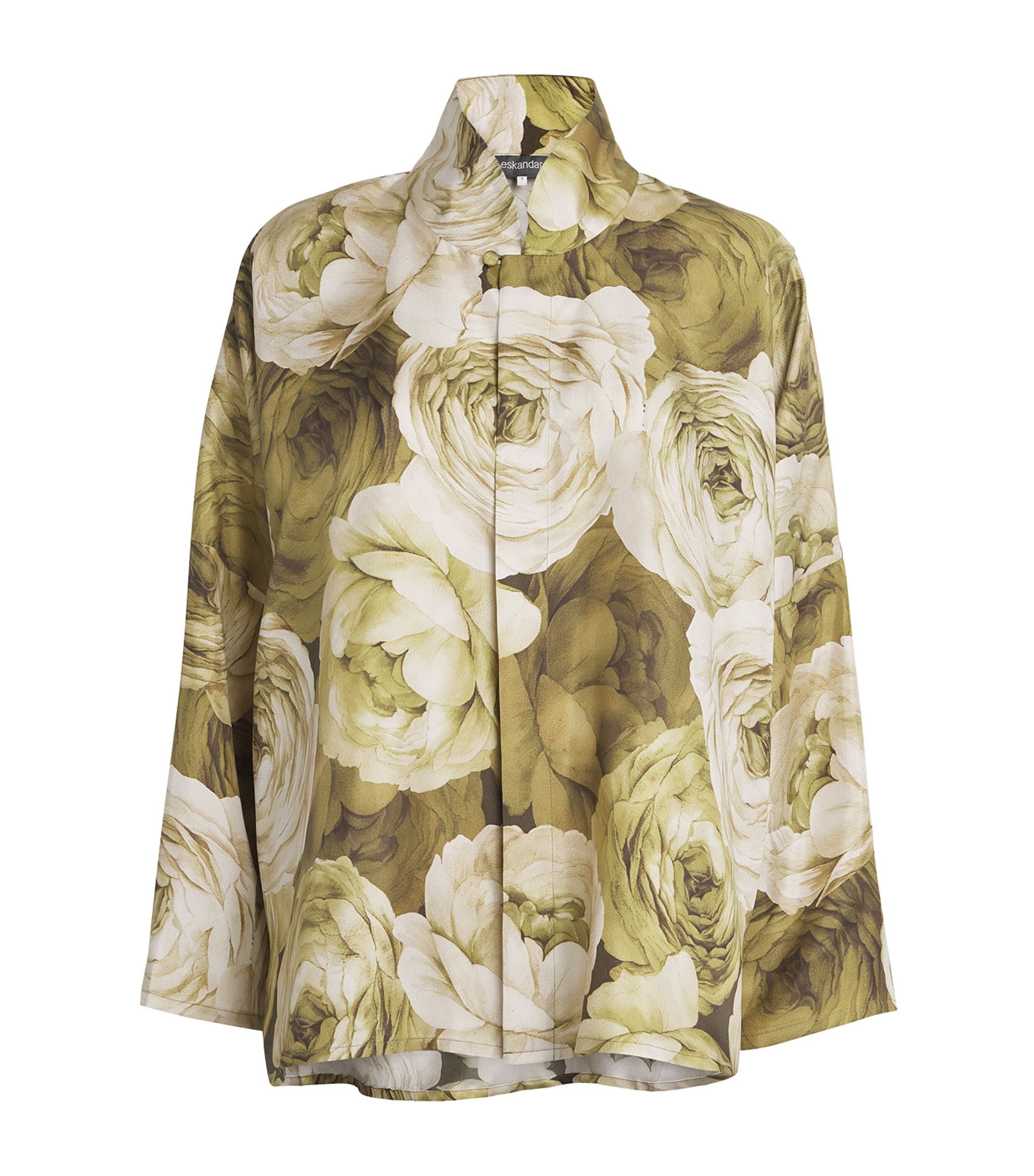 Eskandar Silk Rose Print Shirt In Green