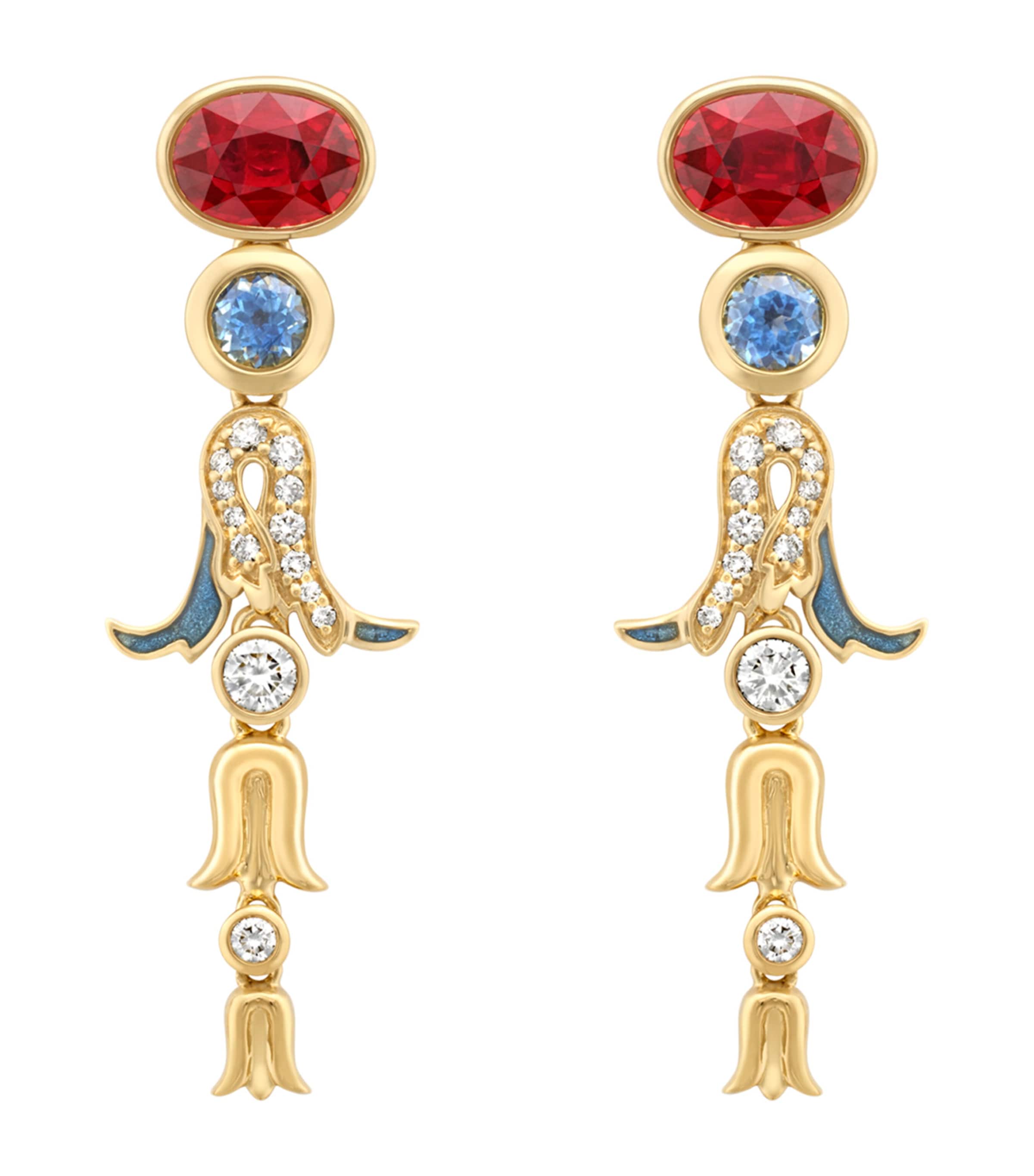 Boodles Yellow Gold, Diamond, Ruby and Sapphire The Palace Collection Presence Chamber Drop Earrings Red Image 1
