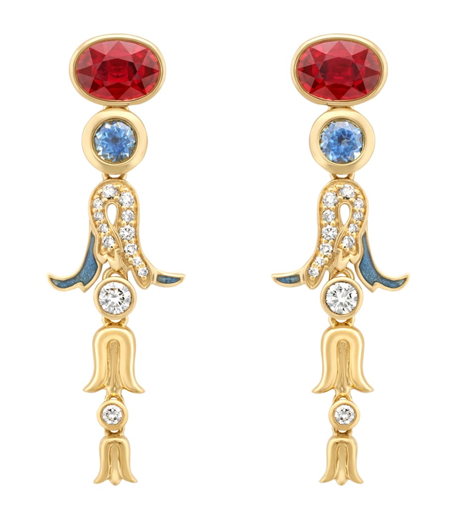 Boodles Yellow Gold, Diamond, Ruby and Sapphire The Palace Collection Presence Chamber Drop Earrings Red Image 1