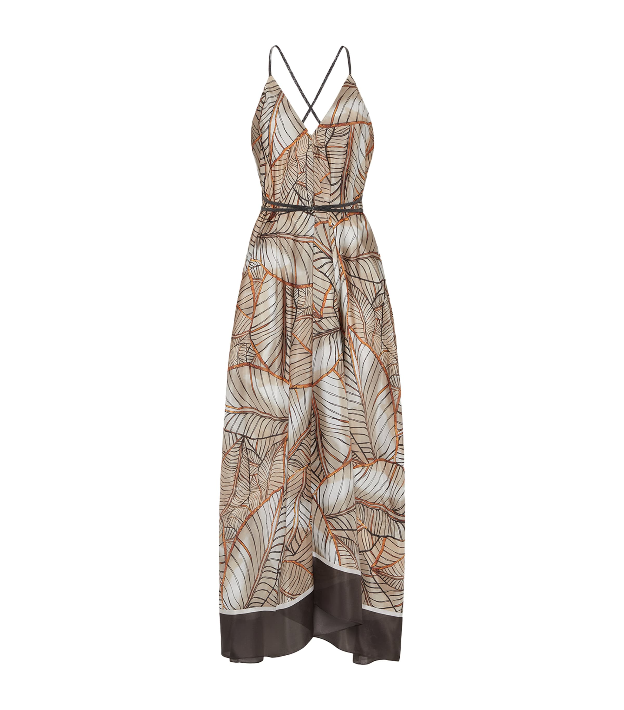 Brunello Cucinelli Silk Pongée Papyrus Print Midi Dress