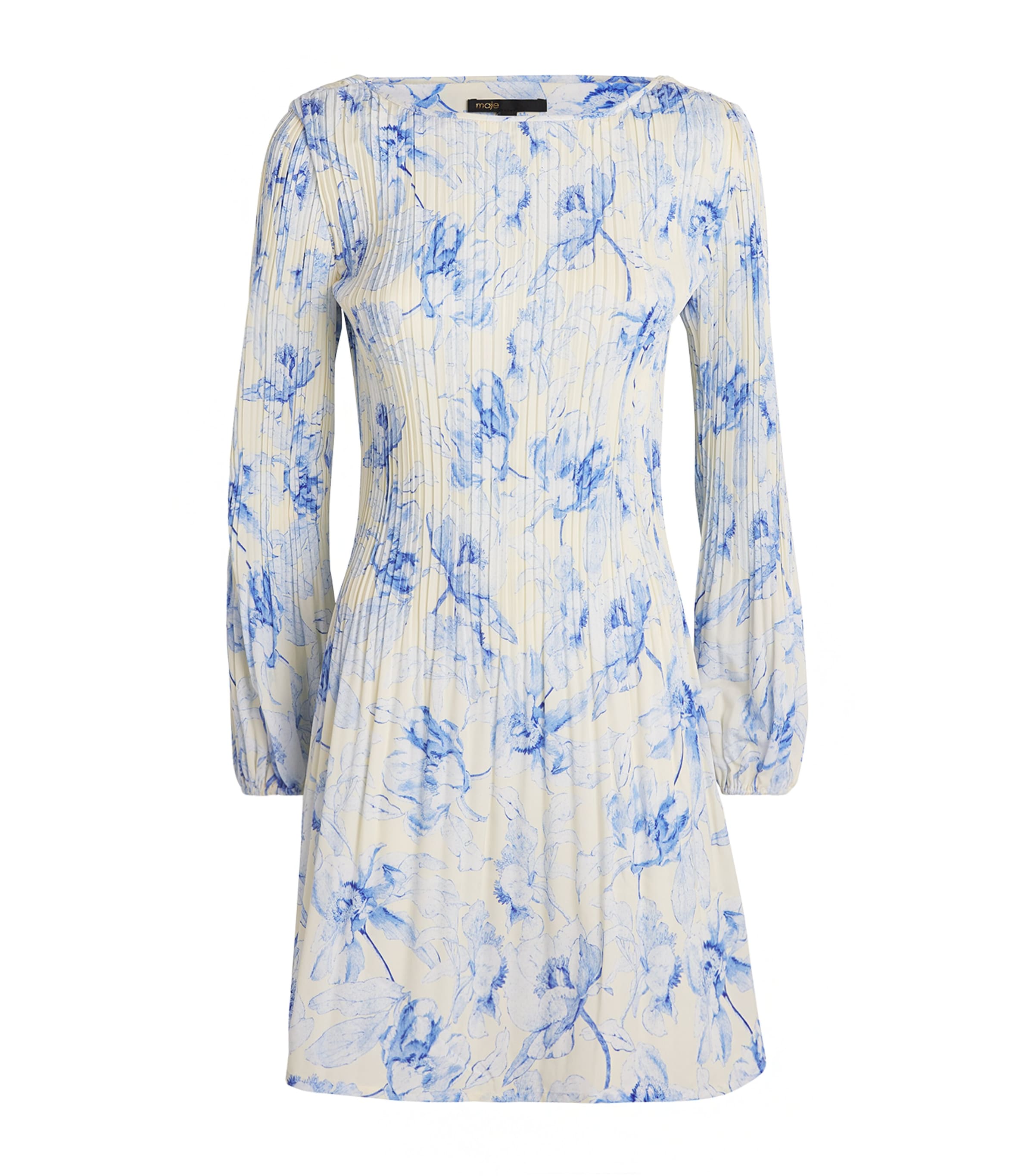Maje Womens Floral-print Long-sleeve Pleated Woven Mini Dress Bleus In Blue
