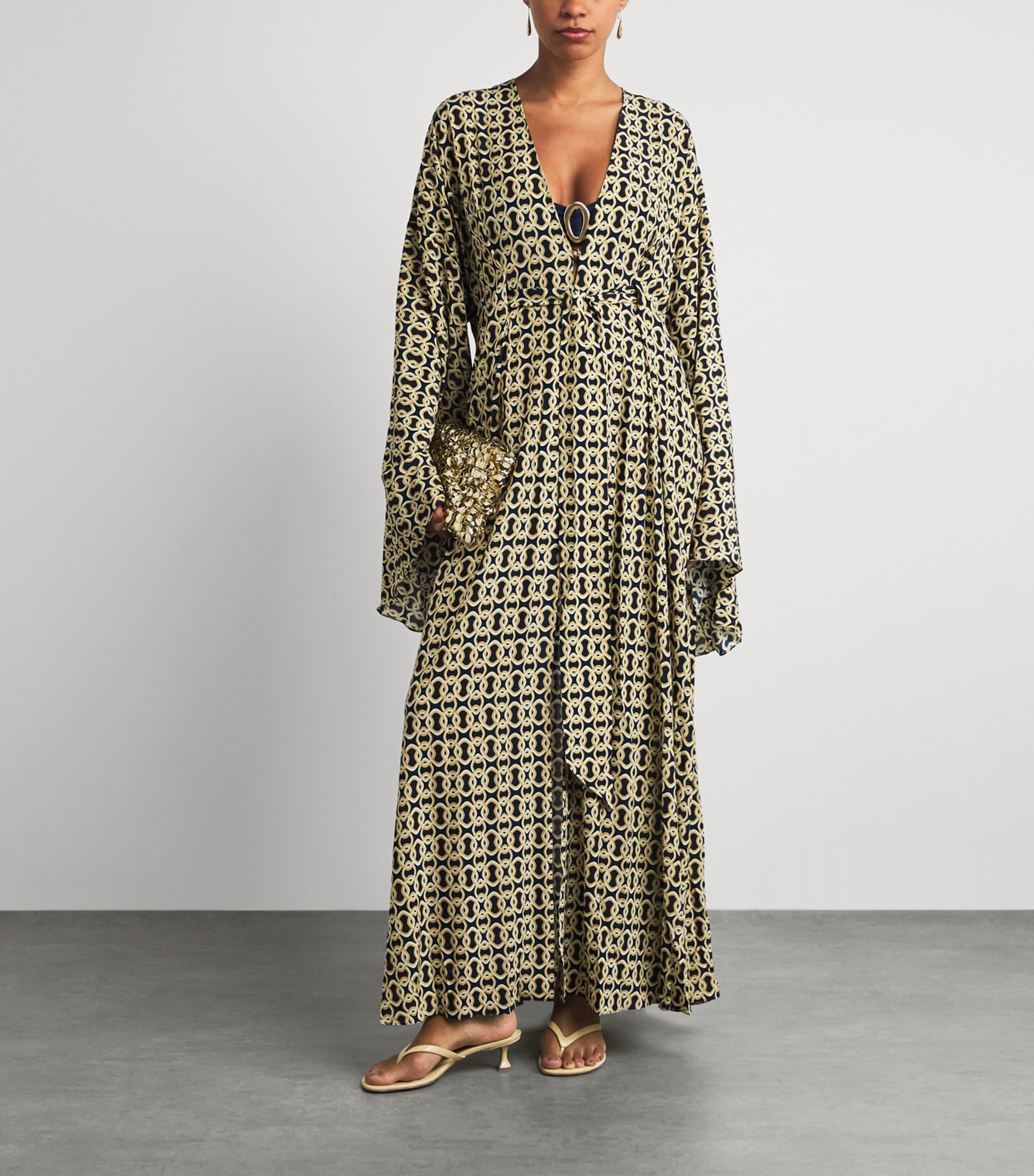 AWAY THAT DAY Womens Chain Kaftan Maxi Dress Navy/gold Link Prnt Image 2