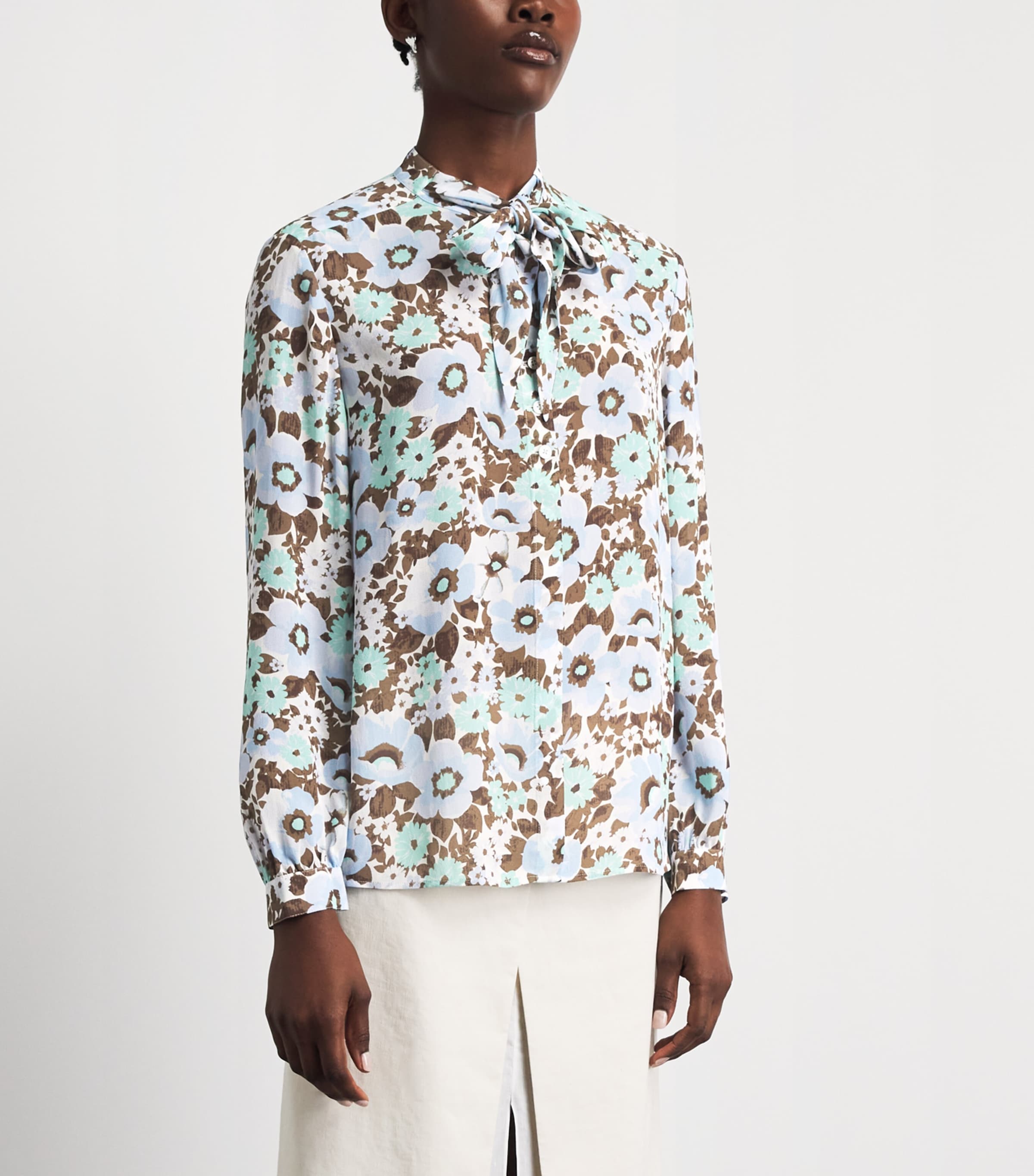 Tory Burch Womens Printed Tie-Neck Blouse Blue Floral Image 4