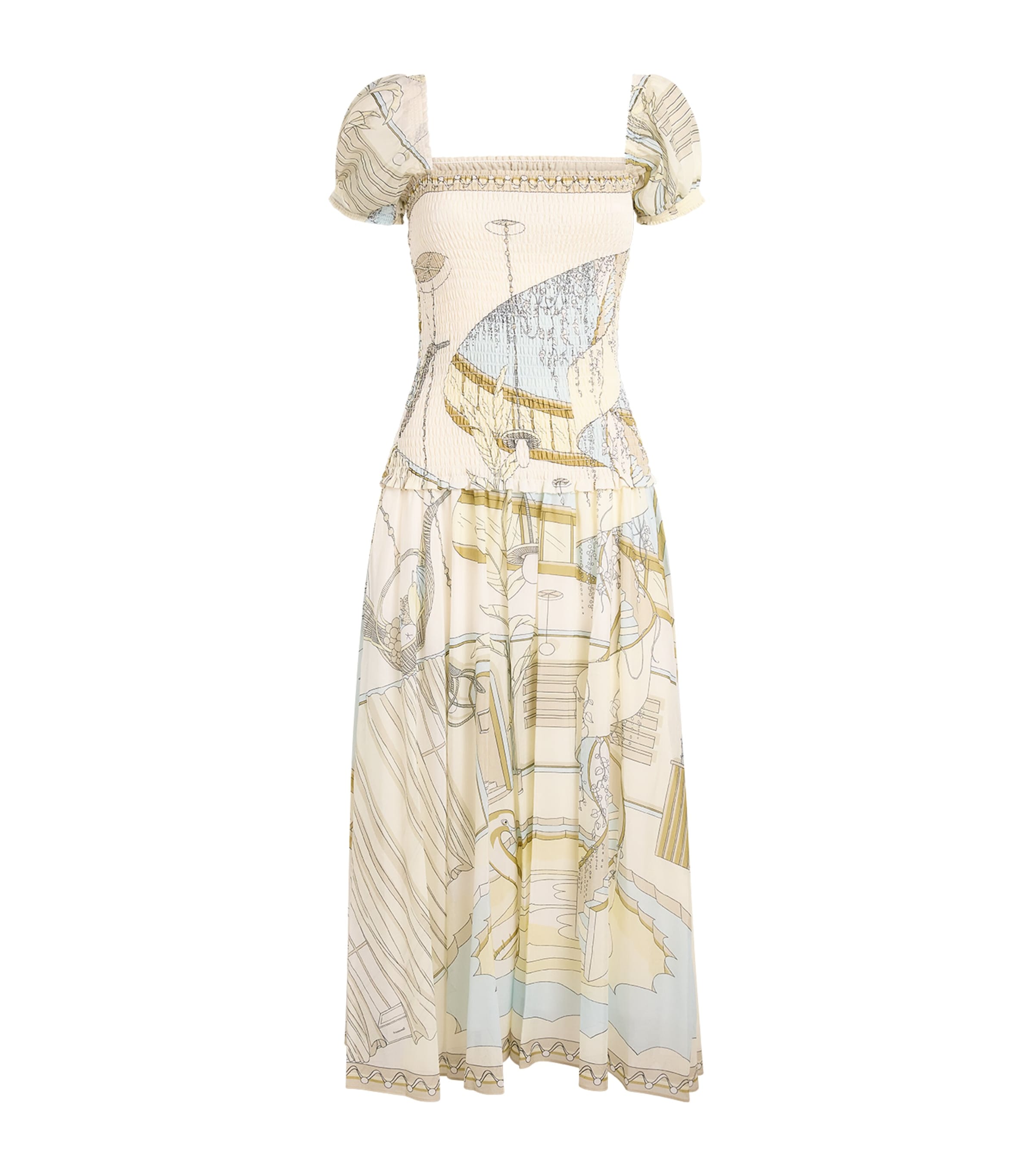 Tory Burch Womens Silk-Cotton Print Midi Dress The Pool Beige Image 1