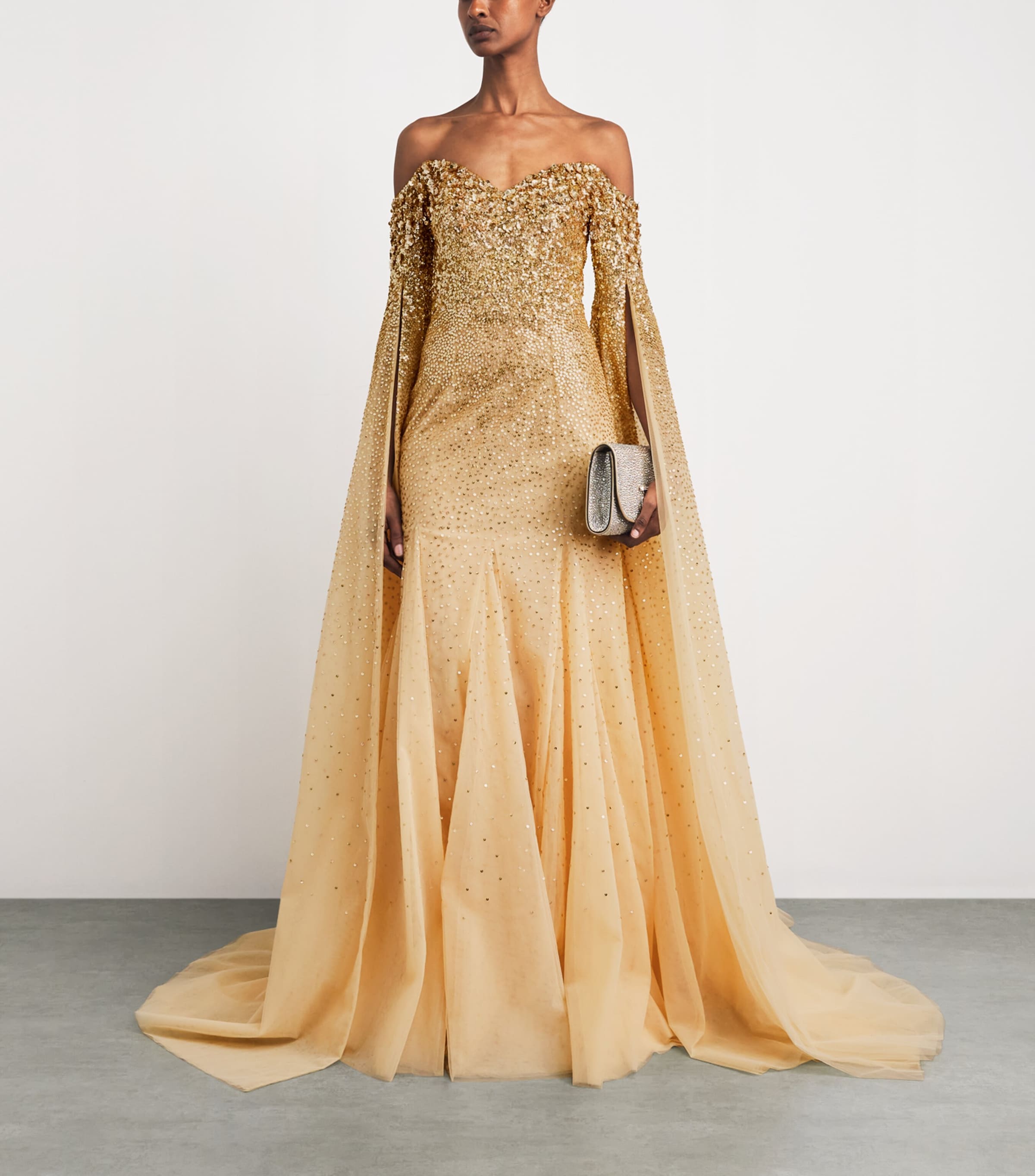 Pamella Roland Womens Sequinned Cape-Sleeve Gown Gold Image 2