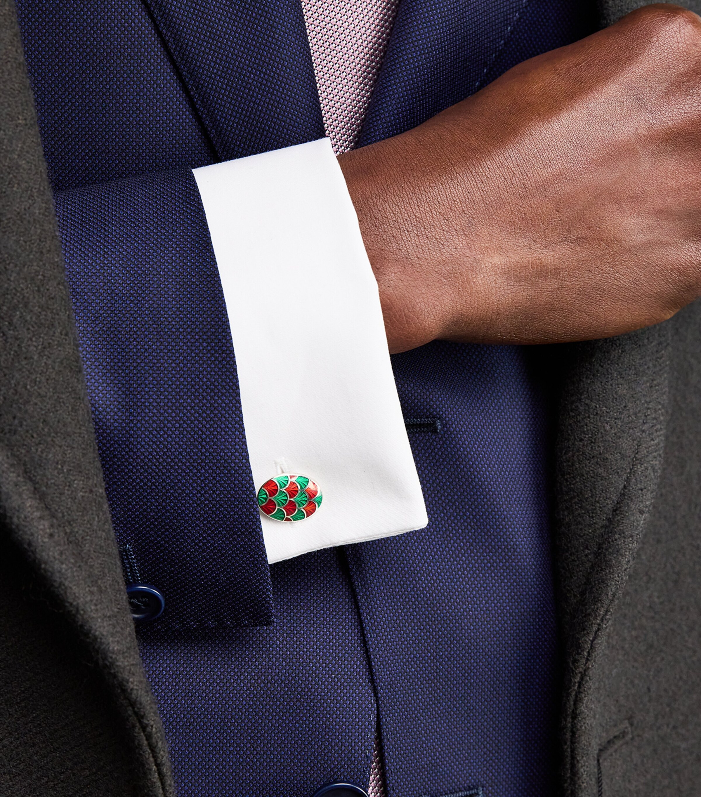 Deakin & Francis Sterling Silver and Enamel Oval Cufflinks Green/red Image 2