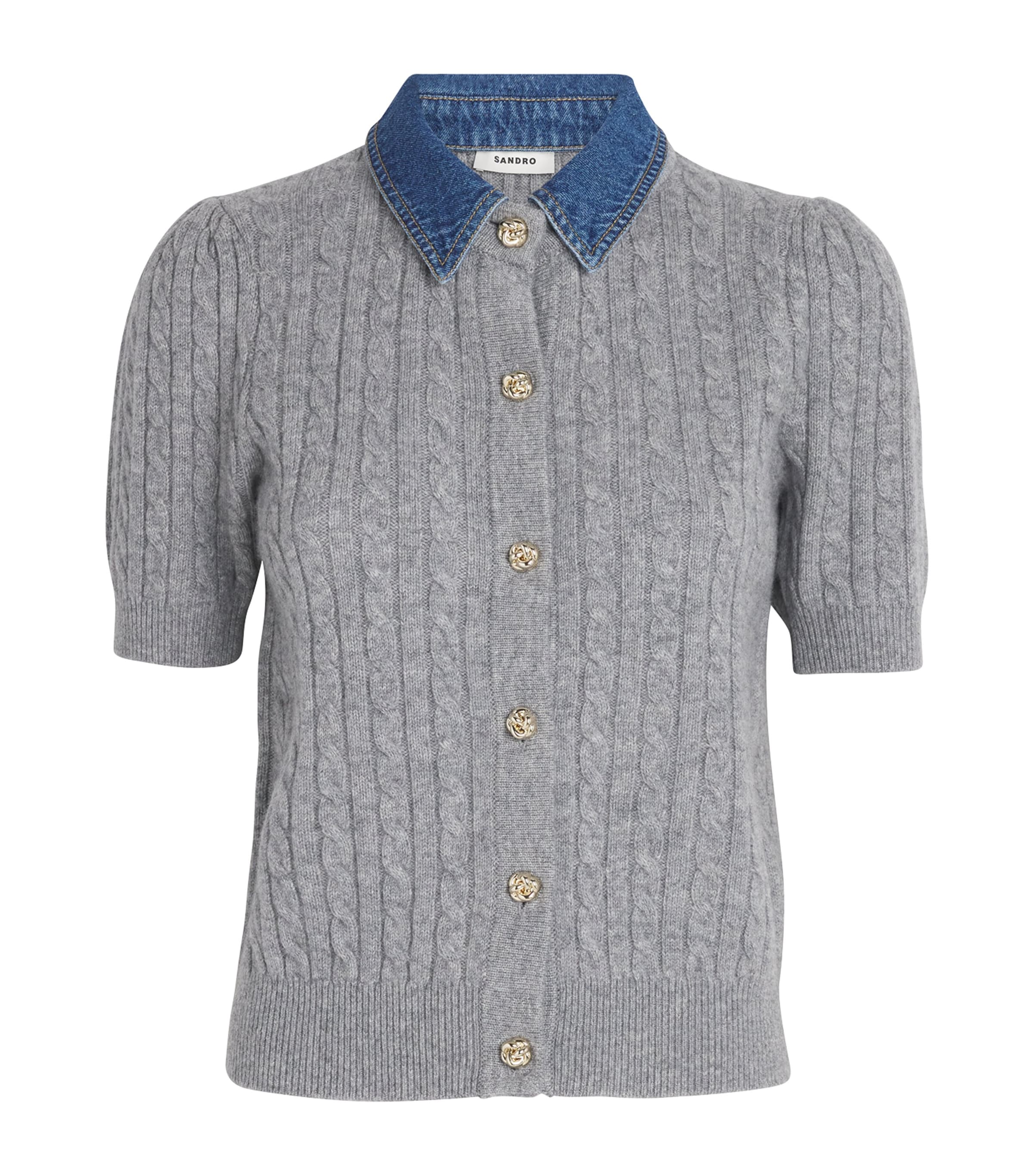 Sandro Womens Grey Denim-collar Short-sleeve Wool And Cashmere-blend Cardigan In Blue