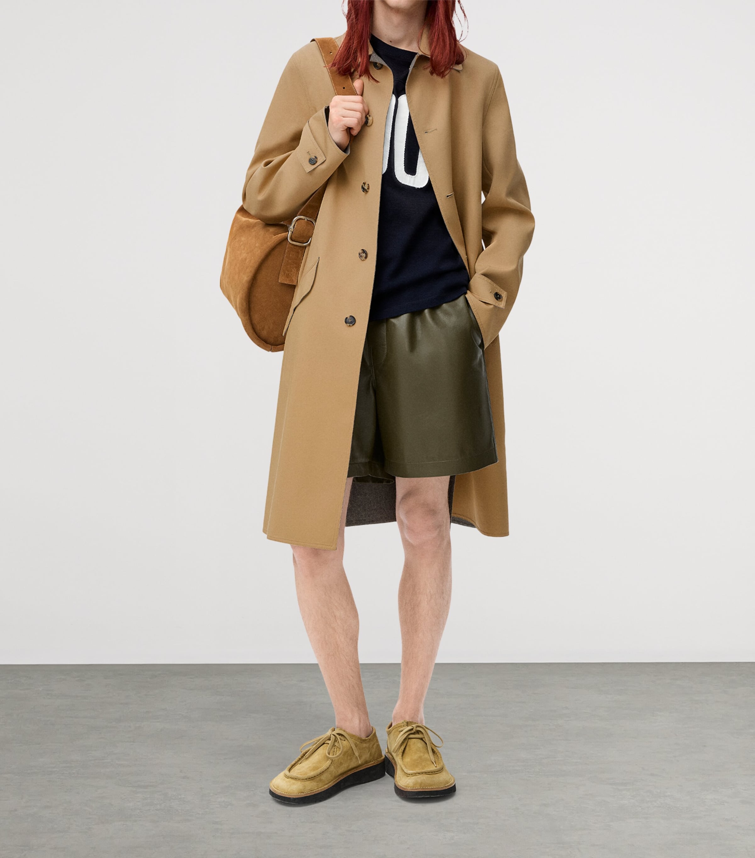 LOEWE Mens Leather Shorts Khaki Green Image 2