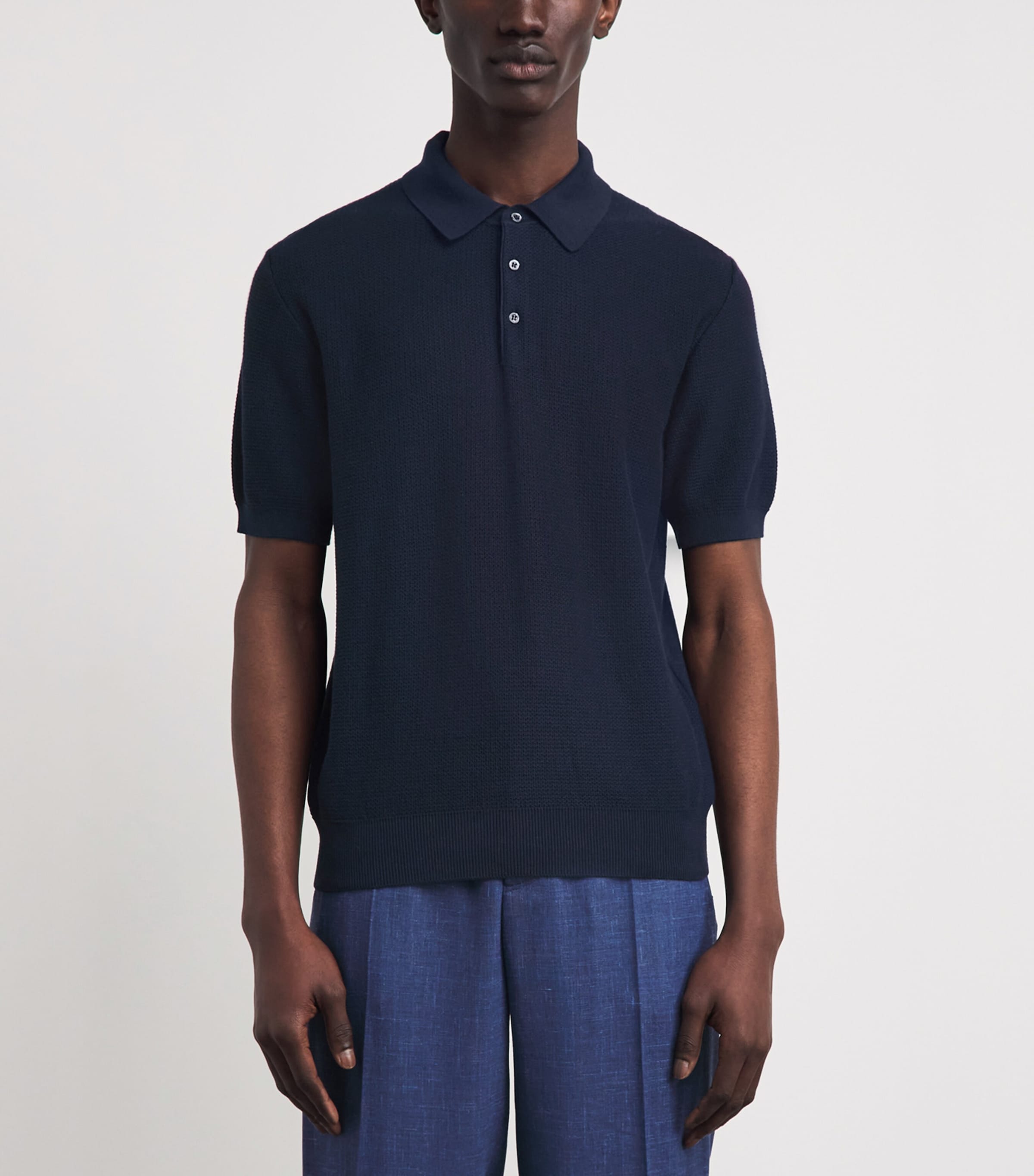 Corneliani Mens Pima Cotton Basketweave Polo Shirt Navy Blue Image 4