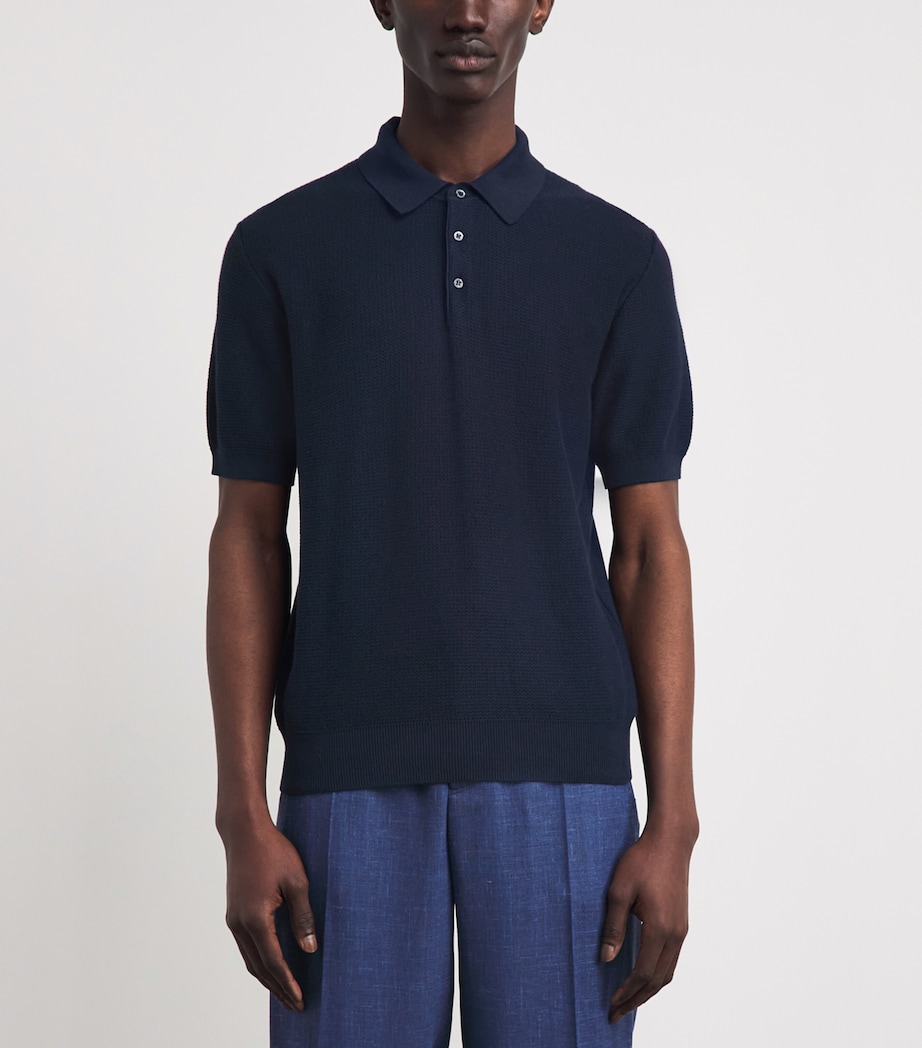 Corneliani Mens Pima Cotton Basketweave Polo Shirt Navy Blue Image 4