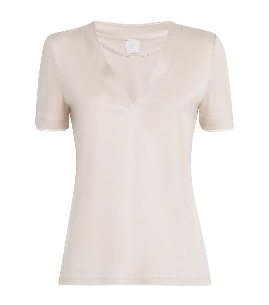 Eleventy Womens Jersey V-Neck T-Shirt Sabbia E Bianco Image 1