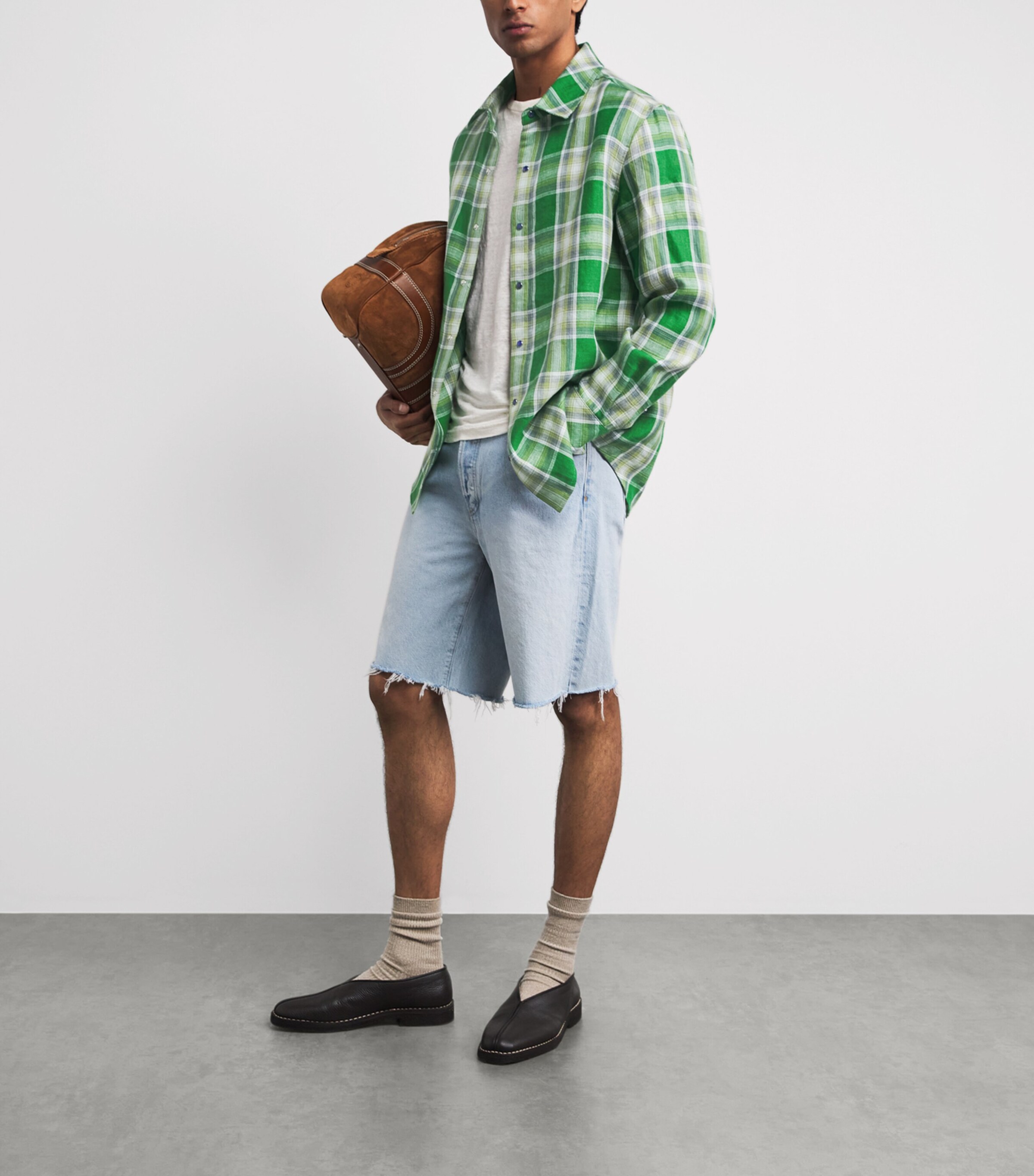 GOD'S TRUE CASHMERE Mens Linen Tartan Harbour Shirt Lapis Lazuli Image 2