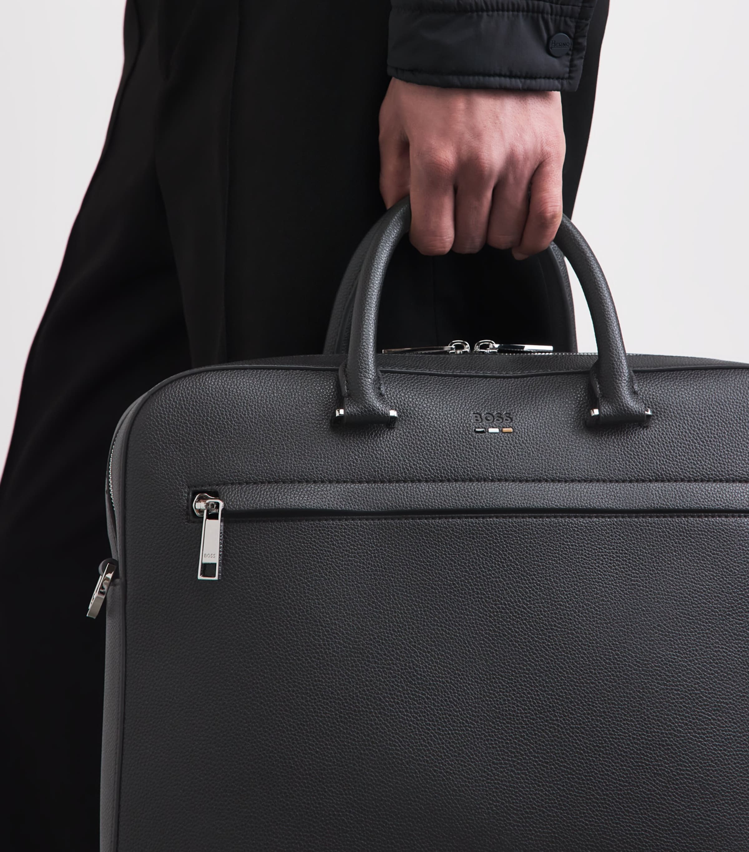 BOSS Grained Leather Briefcase Black Image 4