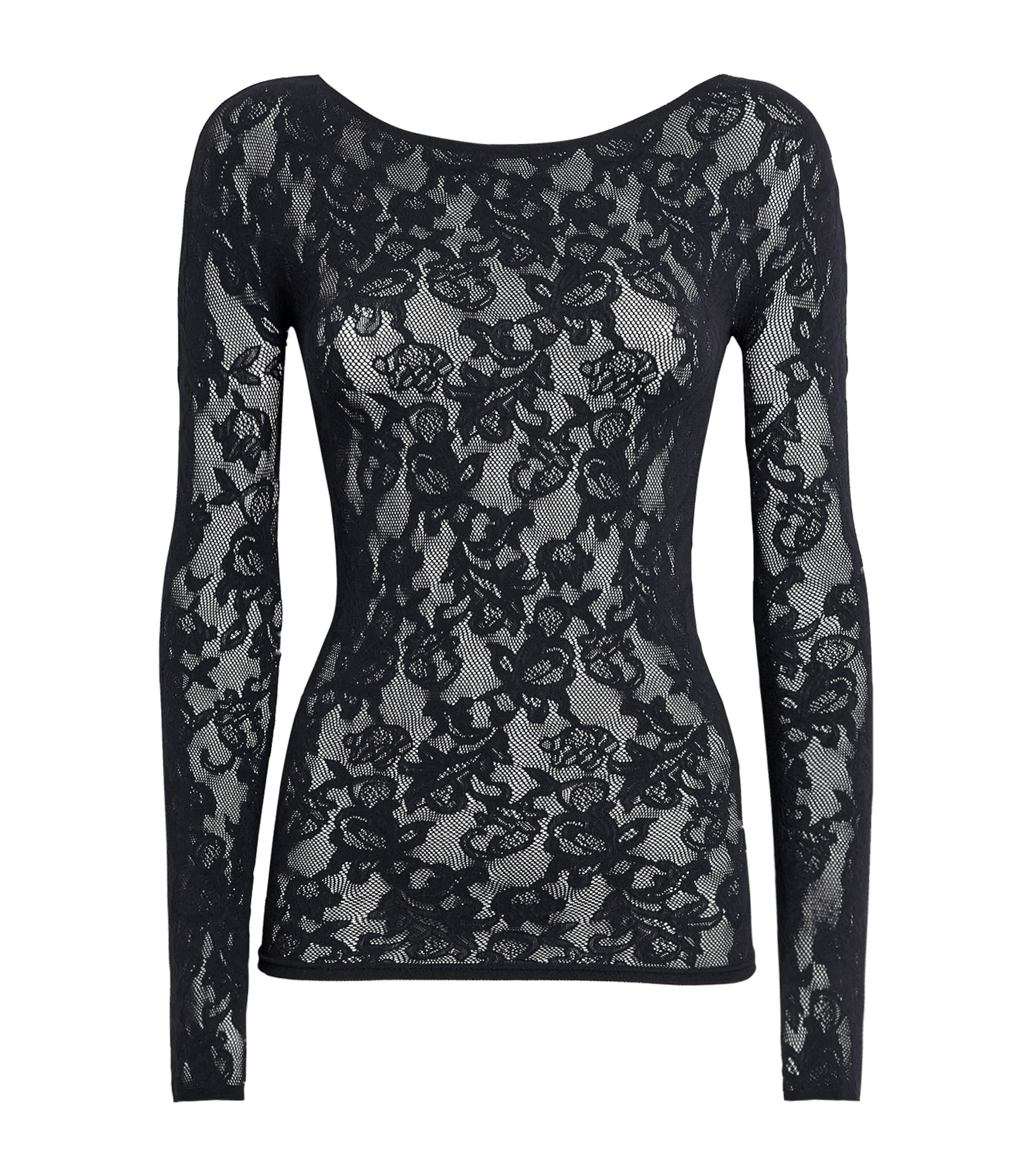 Skims Lace Boat-neck Long-sleeve T-shirt In Black