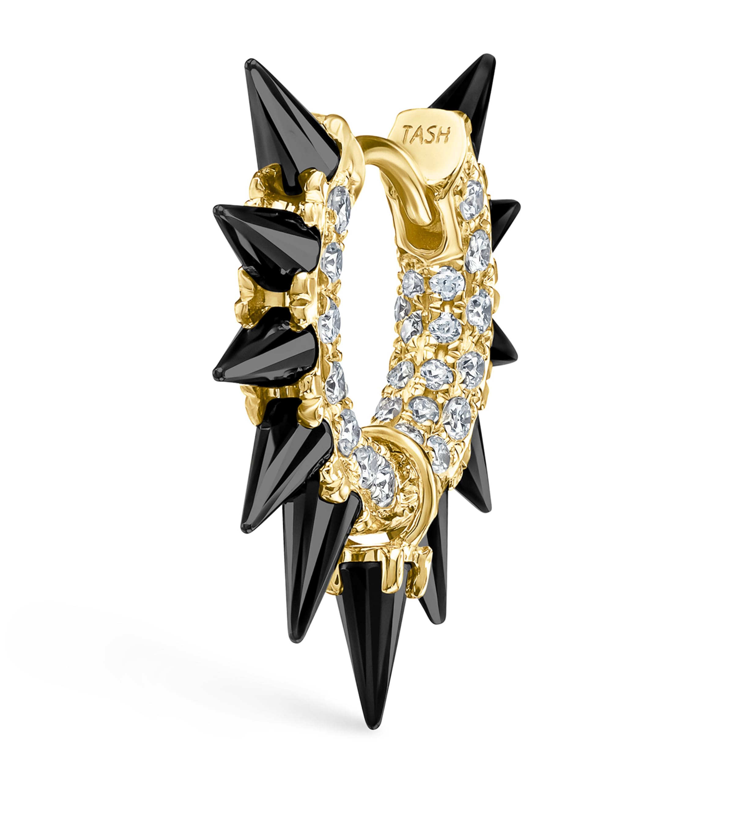 MARIA TASH YELLOW GOLD BLACK MOISSANITE MOHAWK AND DIAMOND PAVÉ HOOP EARRING