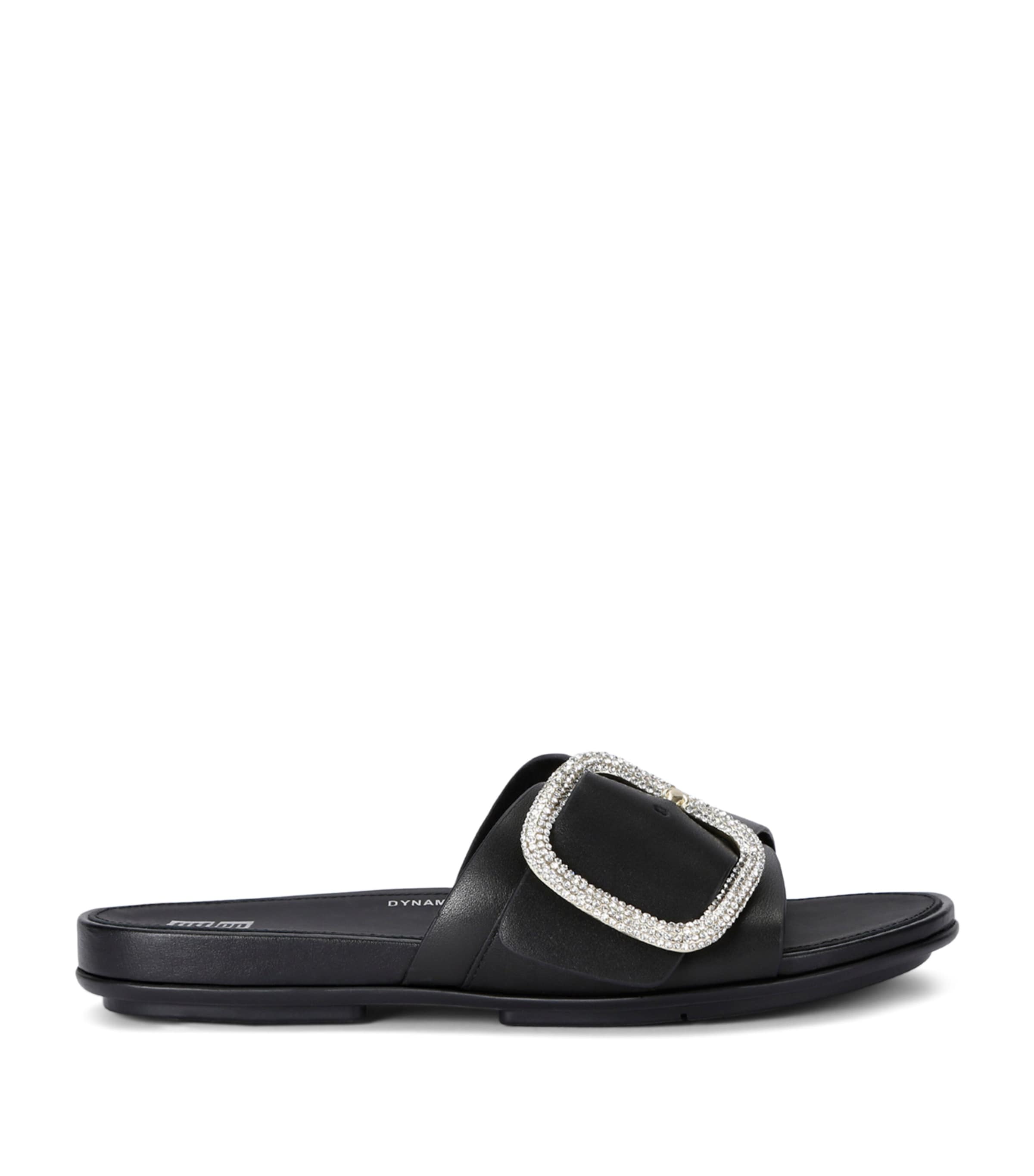 Shop Fitflop Leather Crystal-buckle Gracie Slides In Black