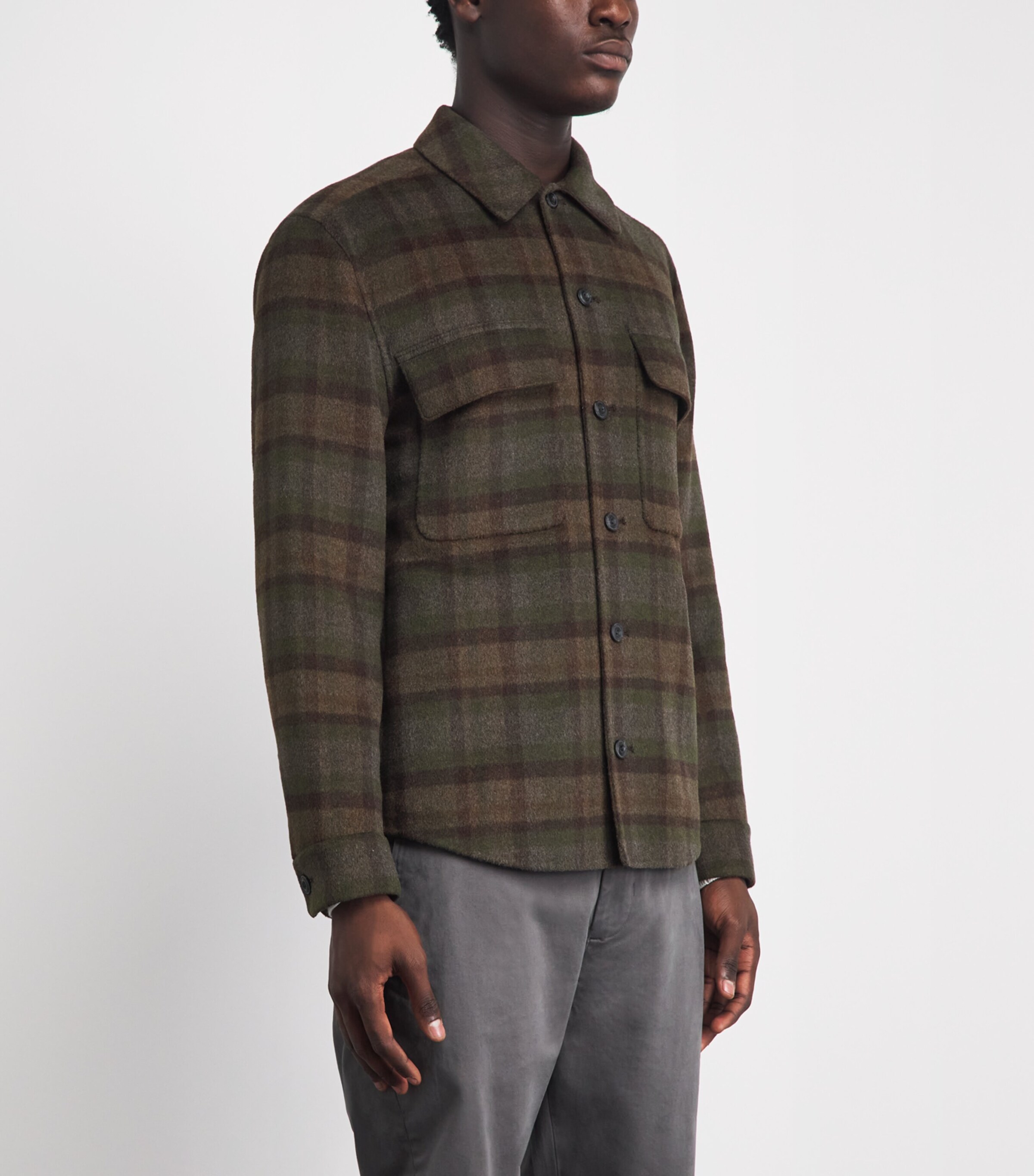 Vince Mens Wool-Blend Plaid Check Overshirt Night Leaf Combo Image 4
