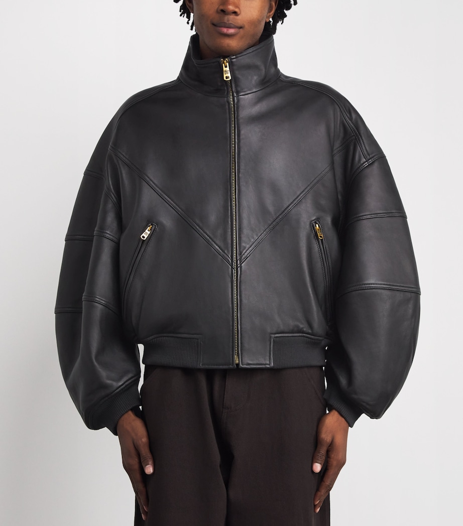 Leather Ruff Rider Bomber Jacket BLACK Image 3
