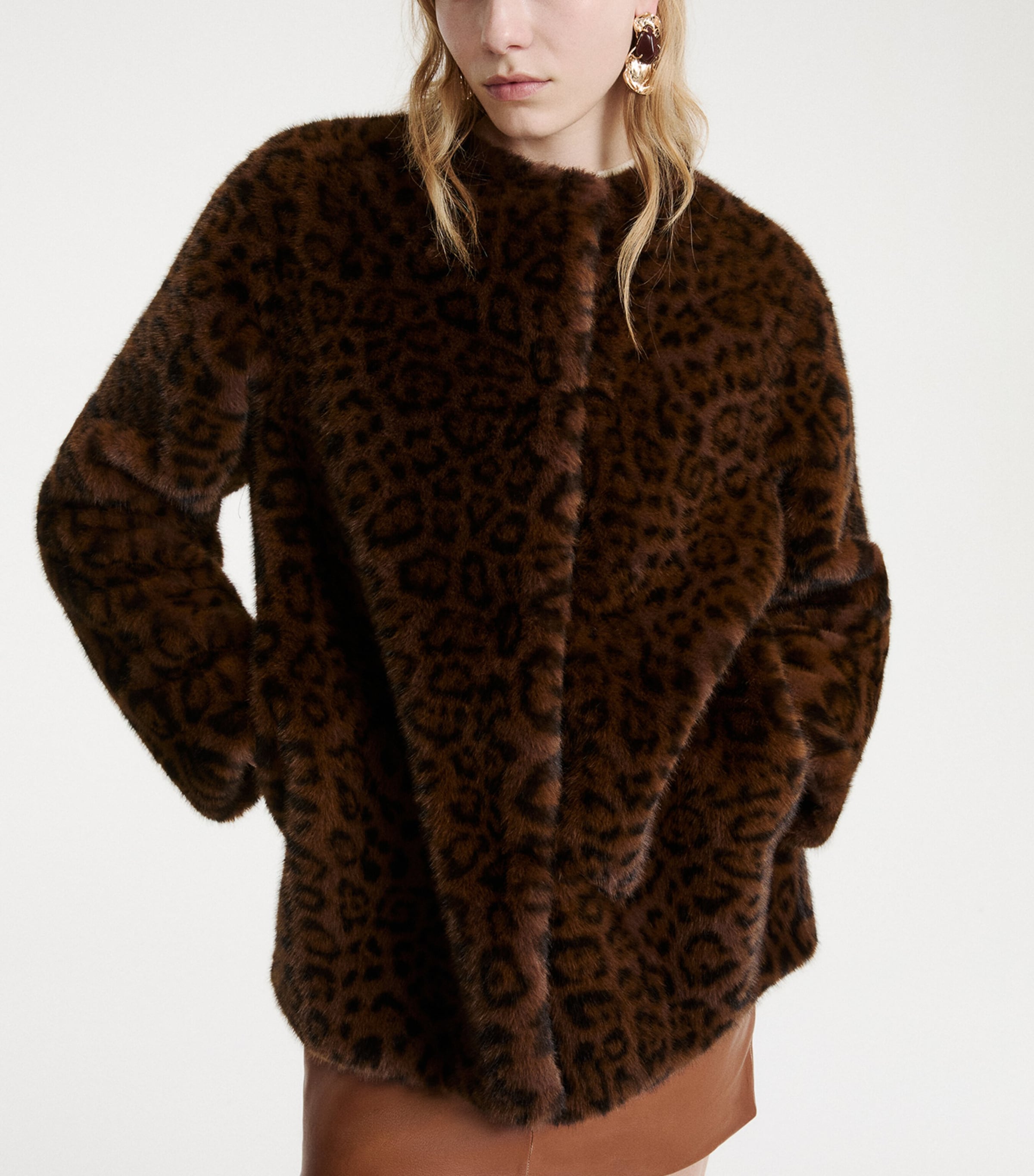 Marella Womens Faux Fur Leopard Print Jacket Cocoa Image 4